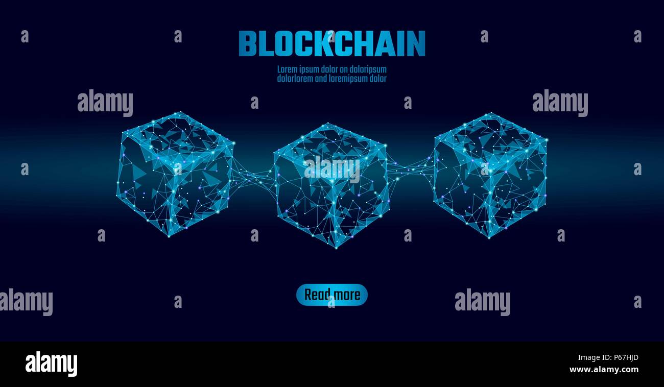 Blockchain cube chain symbol on square code big data flow information. Blue neon glowing modern trend. Cryptocurrency finance bitcoin business concept vector illustration background template Stock Vector