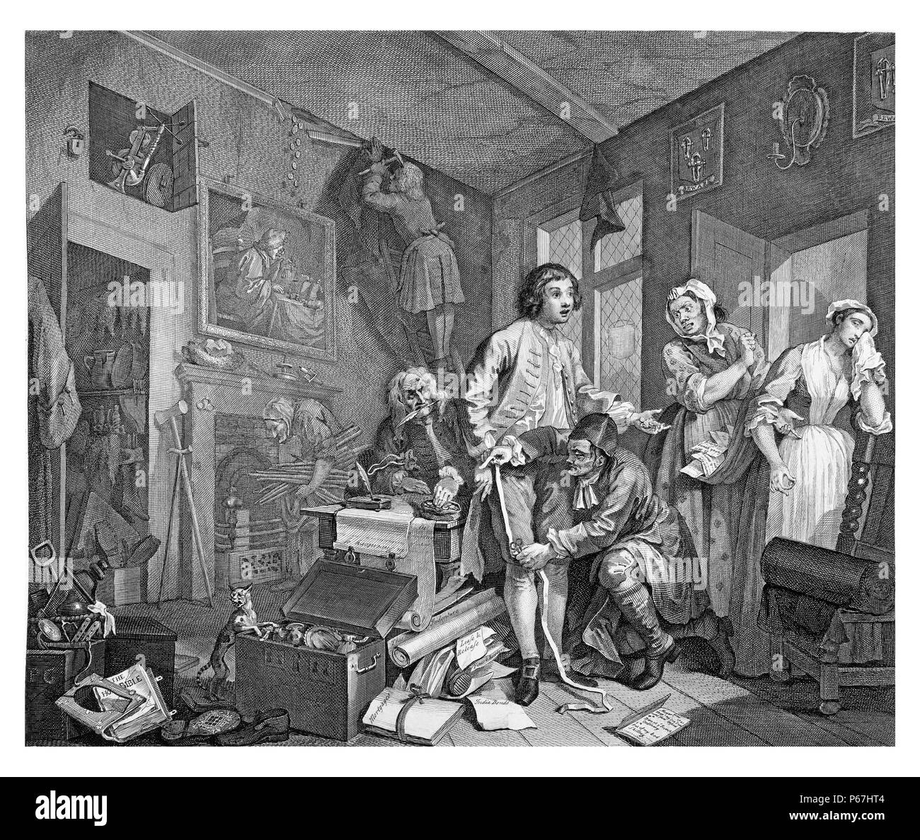 The Rake's Progress. Plate one of a series of eight by 18th-century English artist William Hogarth.  1735. The series shows the decline and fall of Tom Rakewell;   the spendthrift son and heir of a rich merchant;   who comes to London;   wastes all his money on luxurious living;   prostitution and gambling;   and as a consequence is imprisoned in the Fleet Prison and ultimately Bethlem Hospital;   or Bedlam Stock Photo