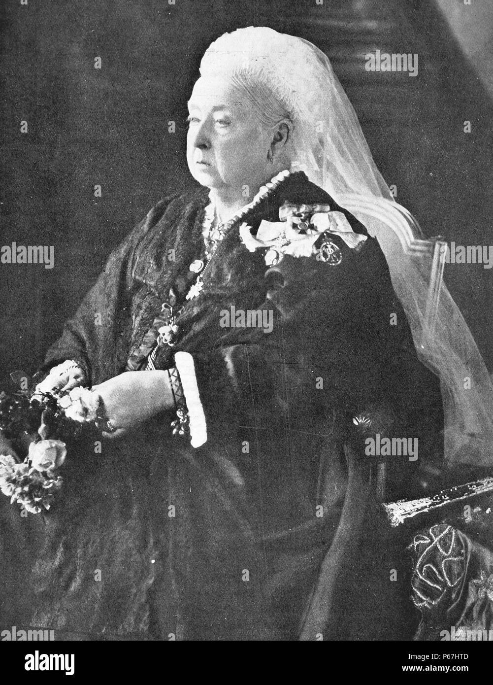 Queen Victoria of Great Britain 1899. Victoria (Alexandrina Victoria; 24 May 1819 – 22 January 1901) was the monarch of the United Kingdom of Great Britain and Ireland from 20 June 1837 until her death. From 1 May 1876, she used the additional title of Empress of India Stock Photo