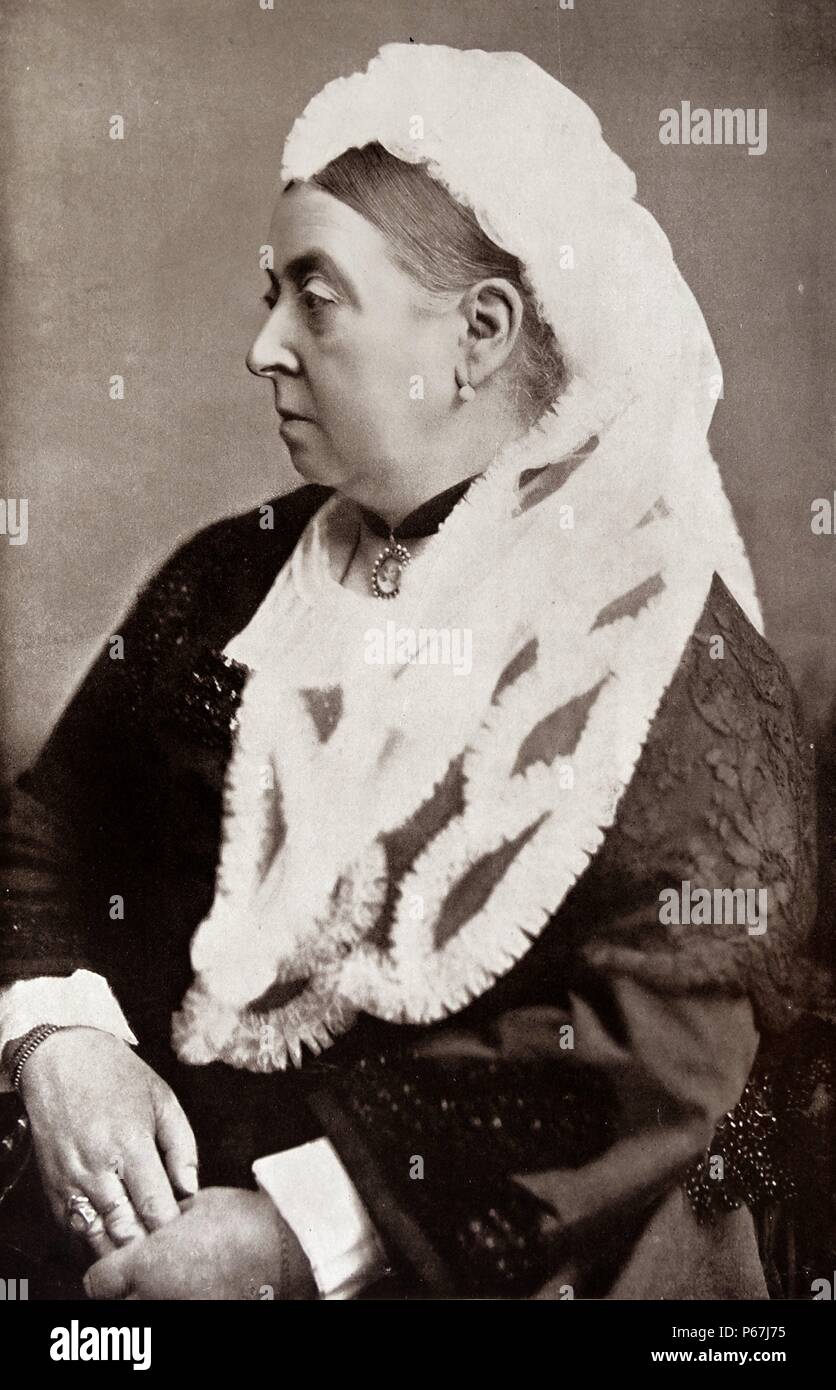 Queen Victoria of Great Britain 1885. Victoria (Alexandrina Victoria; 24 May 1819 – 22 January 1901) was the monarch of the United Kingdom of Great Britain and Ireland from 20 June 1837 until her death. From 1 May 1876, she used the additional title of Empress of India Stock Photo