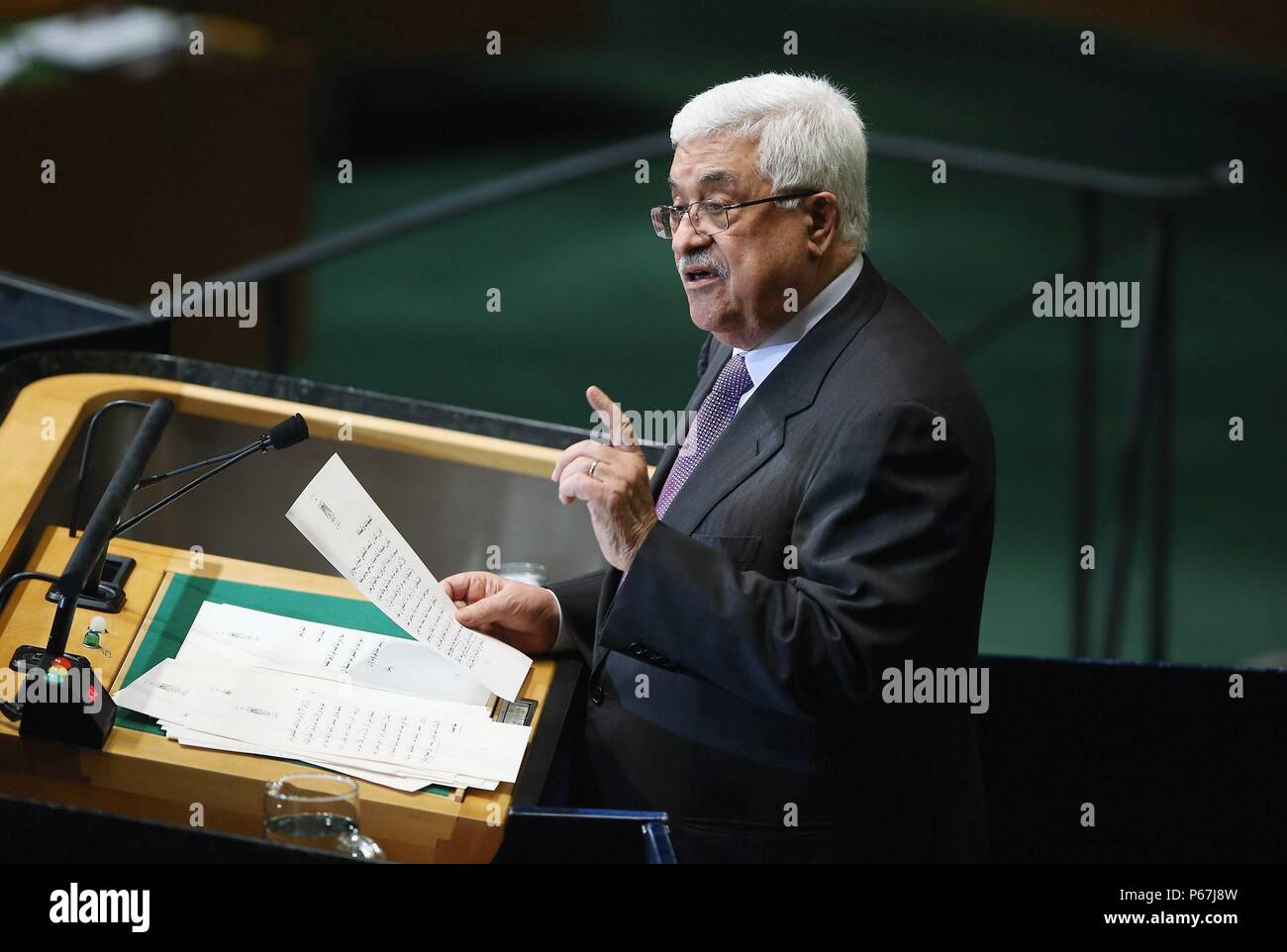 Mahmoud Abbas at UN General Assembly2012. Mahmoud Abbas born 26 March 1935 is a Palestinian statesman. He has been the Chairman of the Palestine Liberation Organization (PLO) since 11 November 2004 and has been President of the State of Palestine since 15 January 2005. Stock Photo