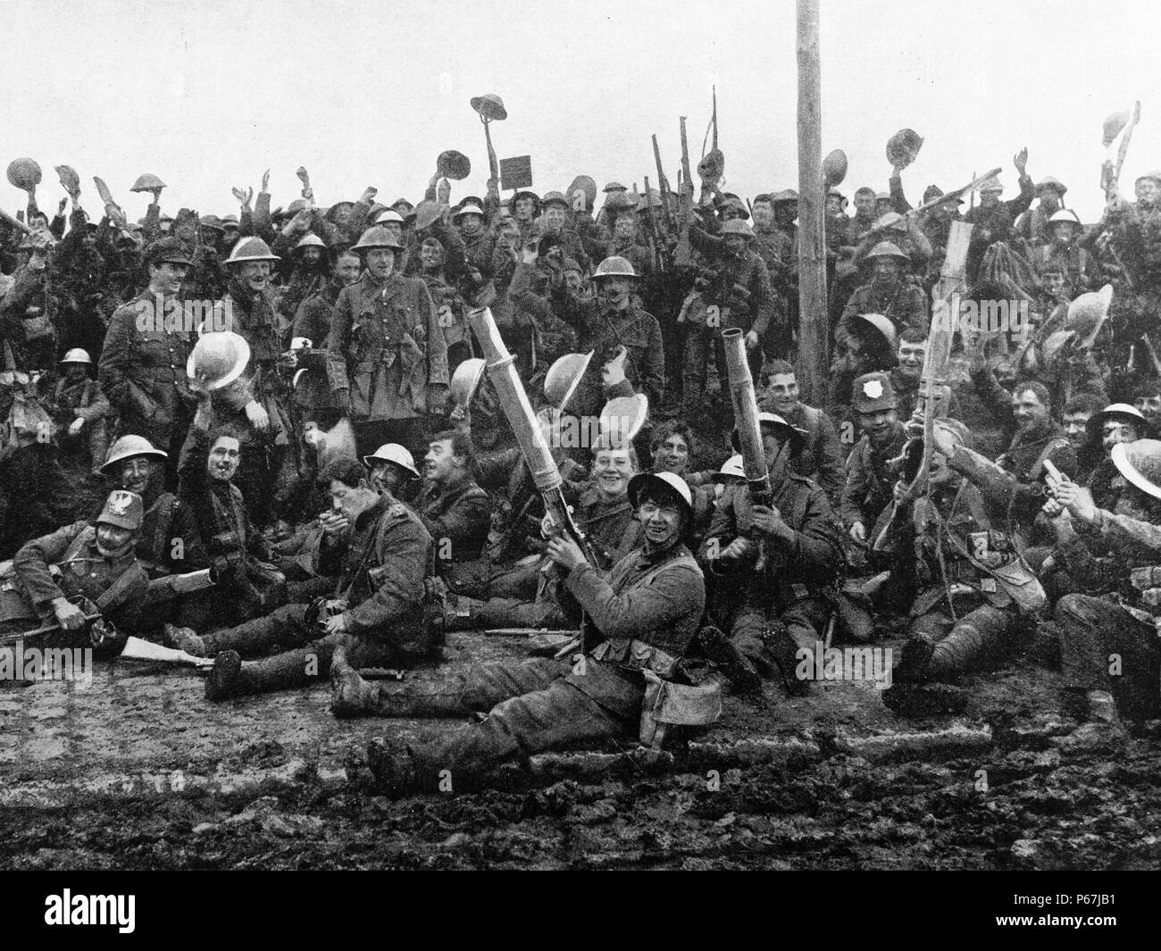 British soldiers celebrate a victory at the front line in world war one