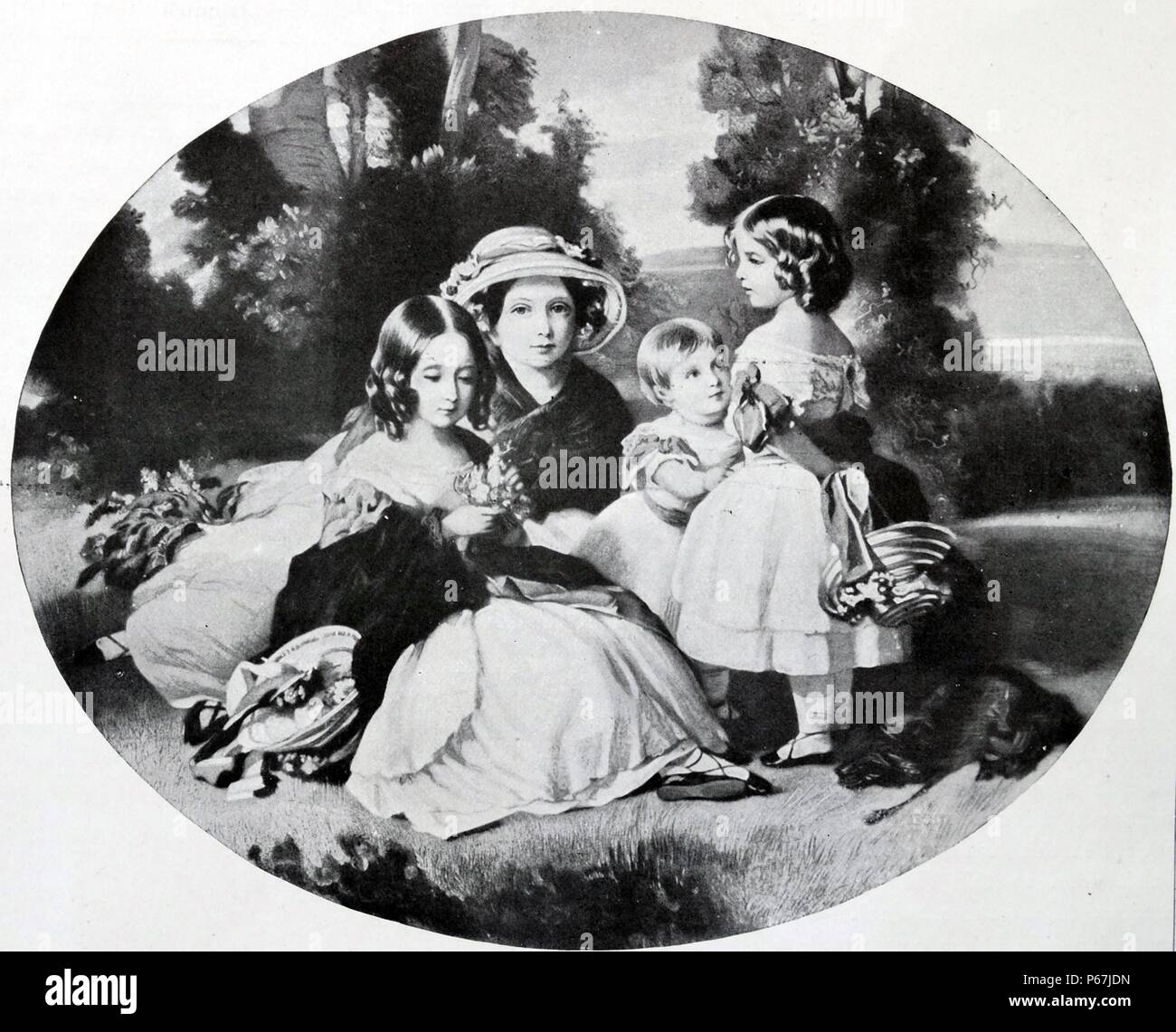 Four daughters of British Queen Victoria. Left to right: the princess royal; Alice; Helena and Louise 1854 Stock Photo