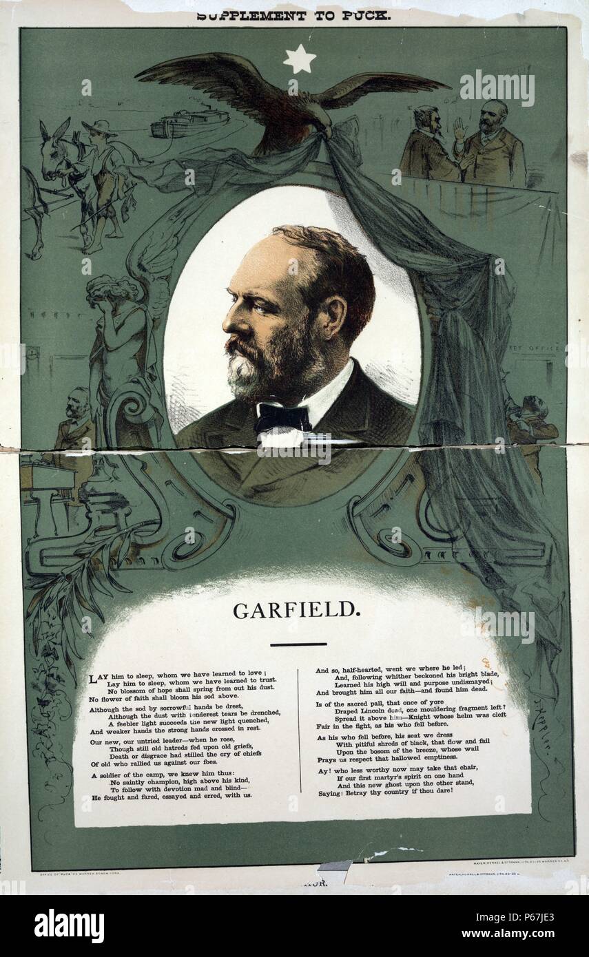 James A. Garfield (1831-1881) with scenes from his life and death and selections of verse. Garfield served as the 20th President of the United States after completing nine consecutive terms in the U.S. House of Representatives. Stock Photo