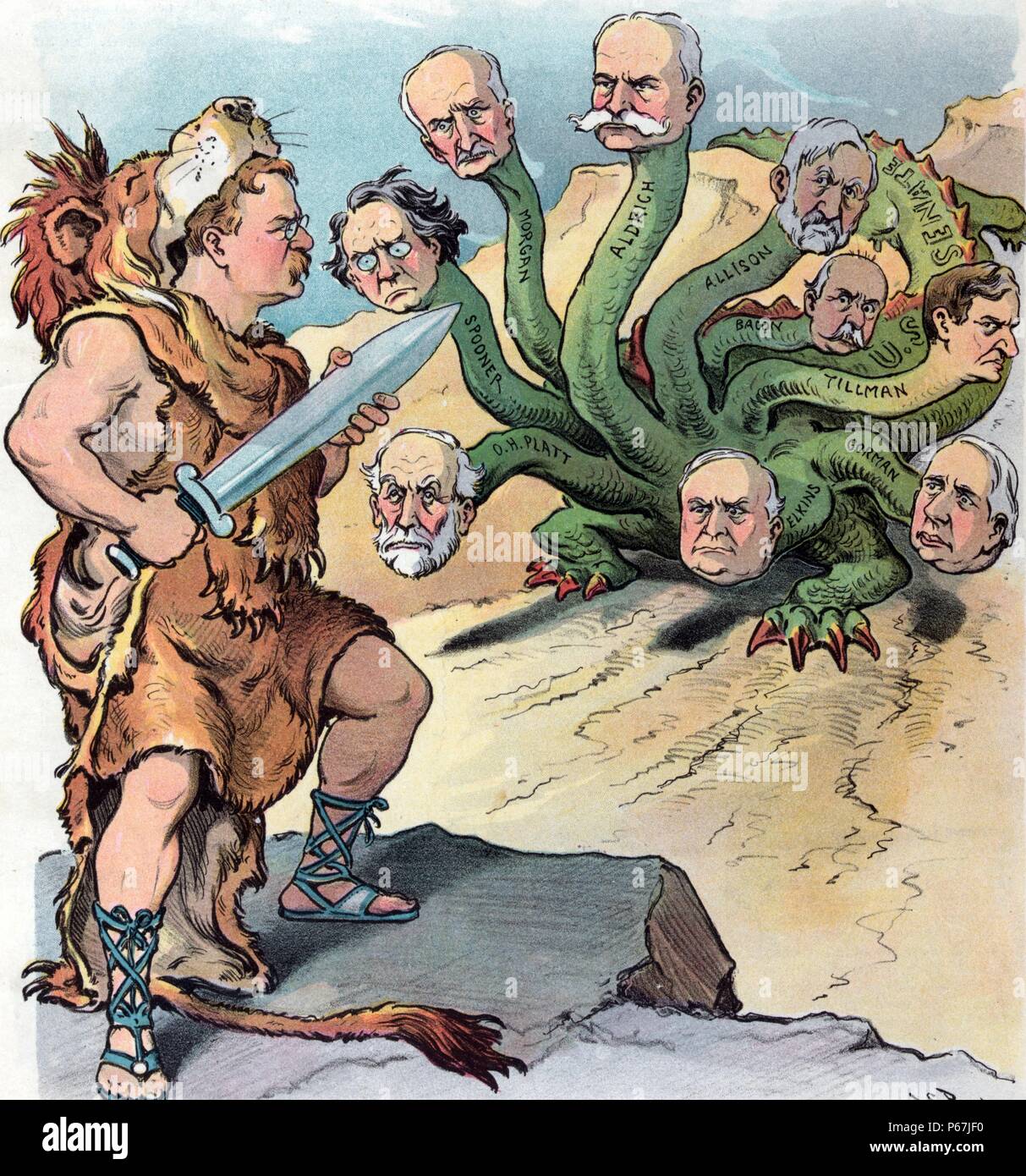 A herculean task' Theodore Roosevelt as Hercules wearing a lion skin and holding a sword, facing a nine-headed hydra, each head identified as that of a senator, its tail labelled 'U.S. Senate'. Stock Photo