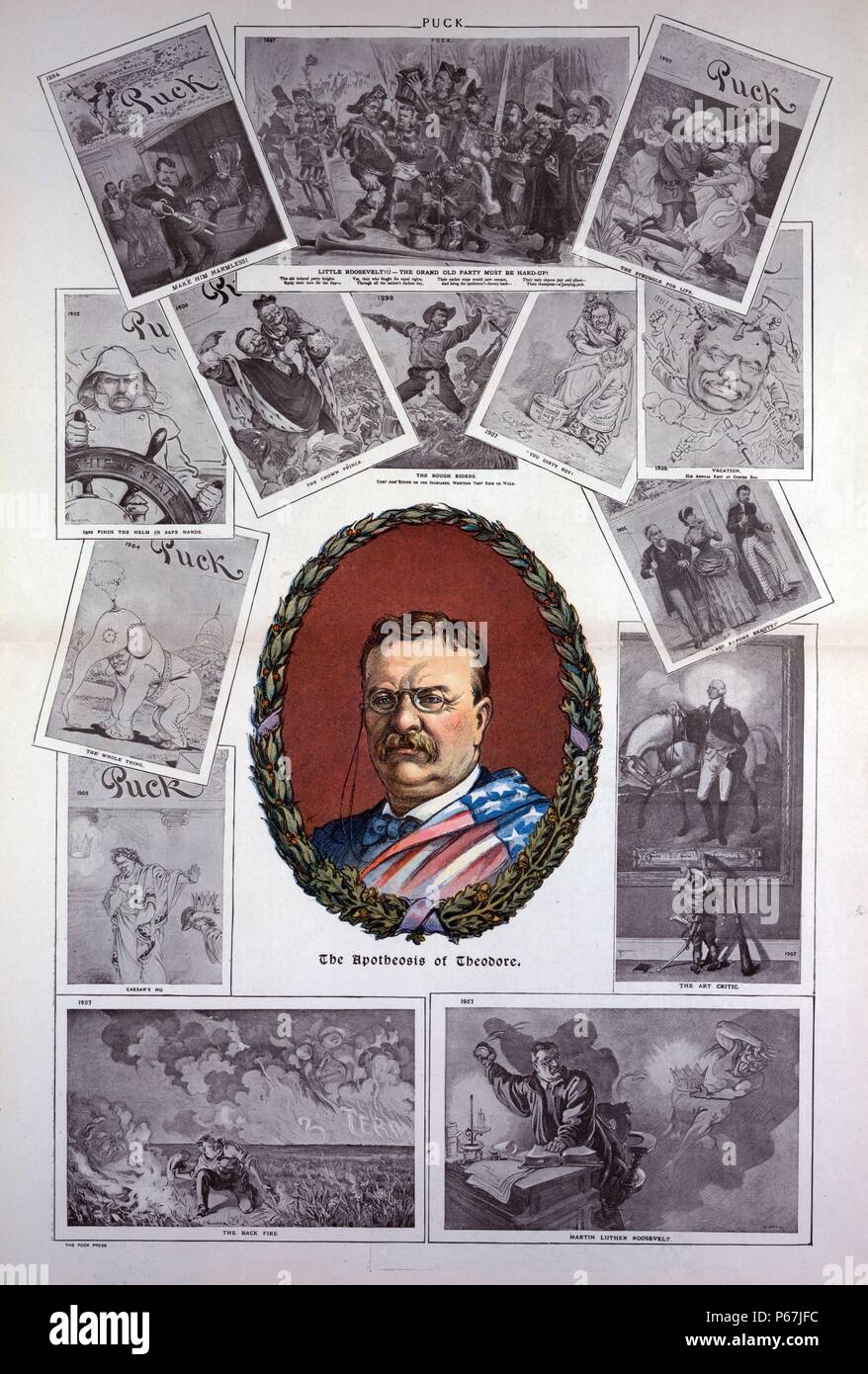The apotheosis of Theodore' Theodore Roosevelt in an oval wreath of oak and laurel or holly, surrounded by cartoons from previous issues of PUCK depicting his rise in politics and his years as president. Stock Photo