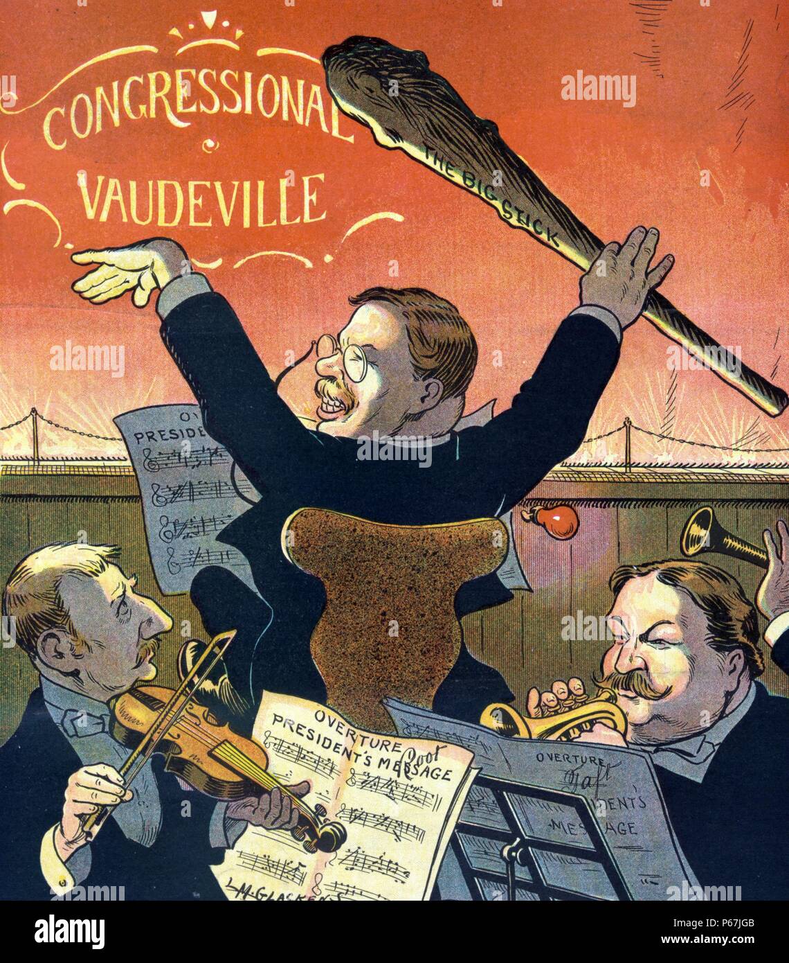 Let 'er go, Professor!' President Theodore Roosevelt at the 'Congressional Vaudeville' conducting an orchestra with a large stick labelled 'The Big Stick', with two band members, Elihu Root and William H. Taft performing 'Overture President's Message'. Stock Photo