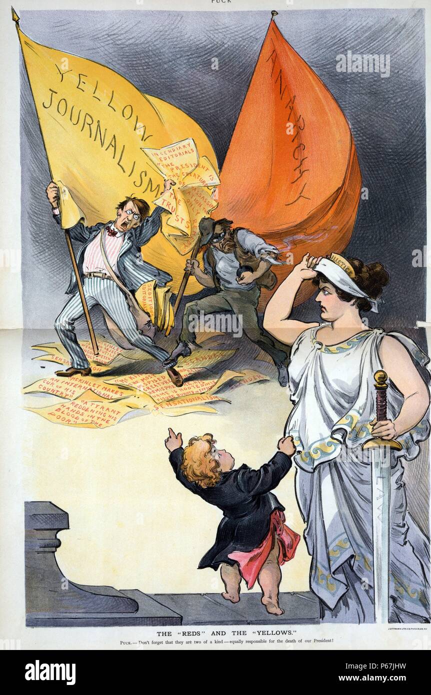 The 'reds' and the 'yellows'' Puck pointing at two men and tugging at the robe of Justice who is raising the blindfold from over her eyes and giving a stern look to the men, one a ruffian holding a bomb and a red flag labelled 'Anarchy' and the other a well-dressed editor or journalist holding a yellow flag labelled 'Yellow Journalism' and newspaper sheets labelled 'Incendiary editorials 'The president is the creature of the Trusts'' and 'Assassination is the only remedy'. The ground is strewn with newspaper sheets covered with quotes that condemn President McKinley. Stock Photo
