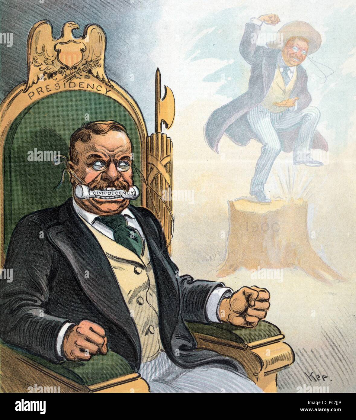 The good old days' President Theodore Roosevelt sitting in a chair labelled 'Presidency' with a fasces behind his left shoulder and with a gag labelled 'Civil Decency' in his mouth; he is looking at a spirit of himself from 1900 when he could speak freely. Stock Photo