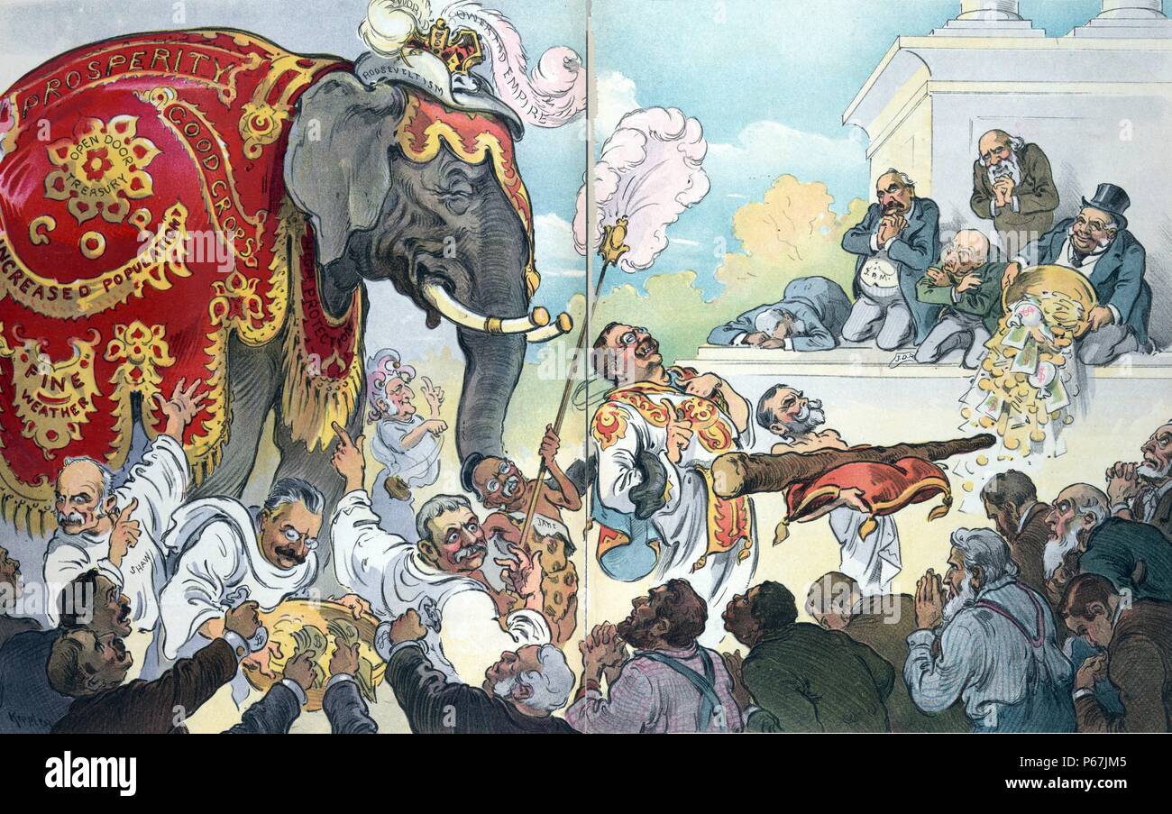 The sacred elephant' A procession led by vice-presidential candidate Charles W. Fairbanks followed by President Theodore Roosevelt and the Republican elephant wearing banners stating 'World Power and Empire', 'Rooseveltism', 'High Protection', 'Prosperity', 'Open Door Treasury', 'Good Crops', 'Increased Population', and 'Fine Weather', collecting money from the crowd is George B. Cortelyou, also shown are Leslie M. Shaw, J.P. Morgan, and John D. Rockefeller. Stock Photo