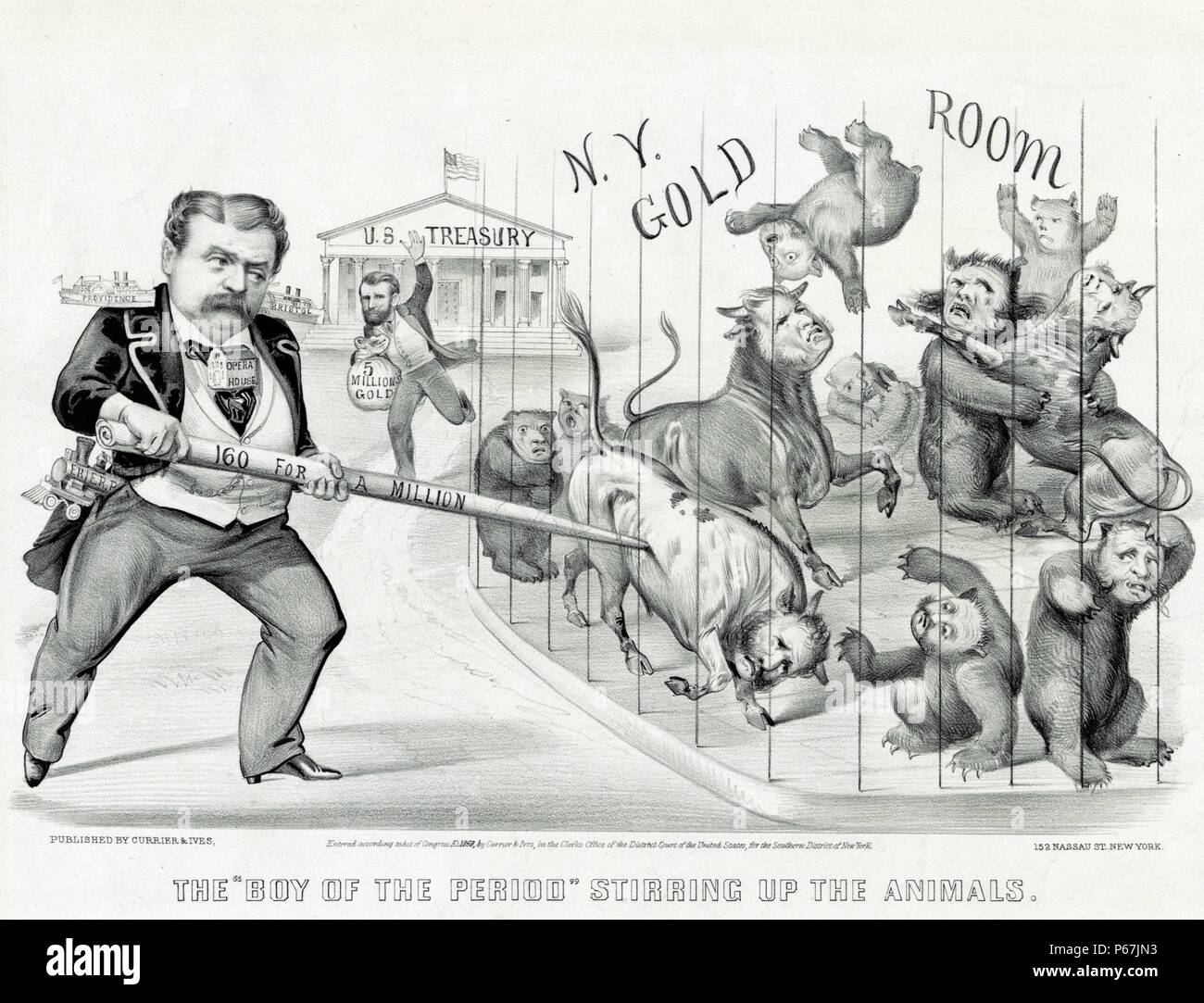 The 'Boy of the period' stirring up the animals' Caricature of financier Jay Gould, left, who attempts to corner the gold market, represented by bulls and bears in a cage. On Black Friday, September 1869, in the midst of scandal, President Ulysses S. Grant, center, restored prevailing gold prices by having the U.S. Treasury sell five million dollars in gold which he brings forward in a bag. Stock Photo