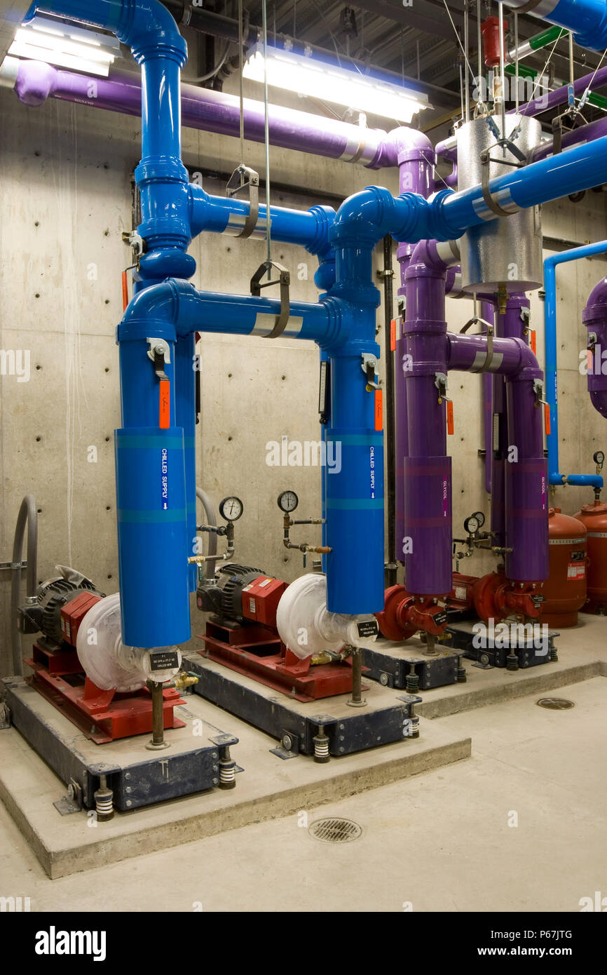 Interiors of mechanical room of performing arts hall at Utah State University in Logan Utah. Closer up view shown here which features sound isolation  Stock Photo