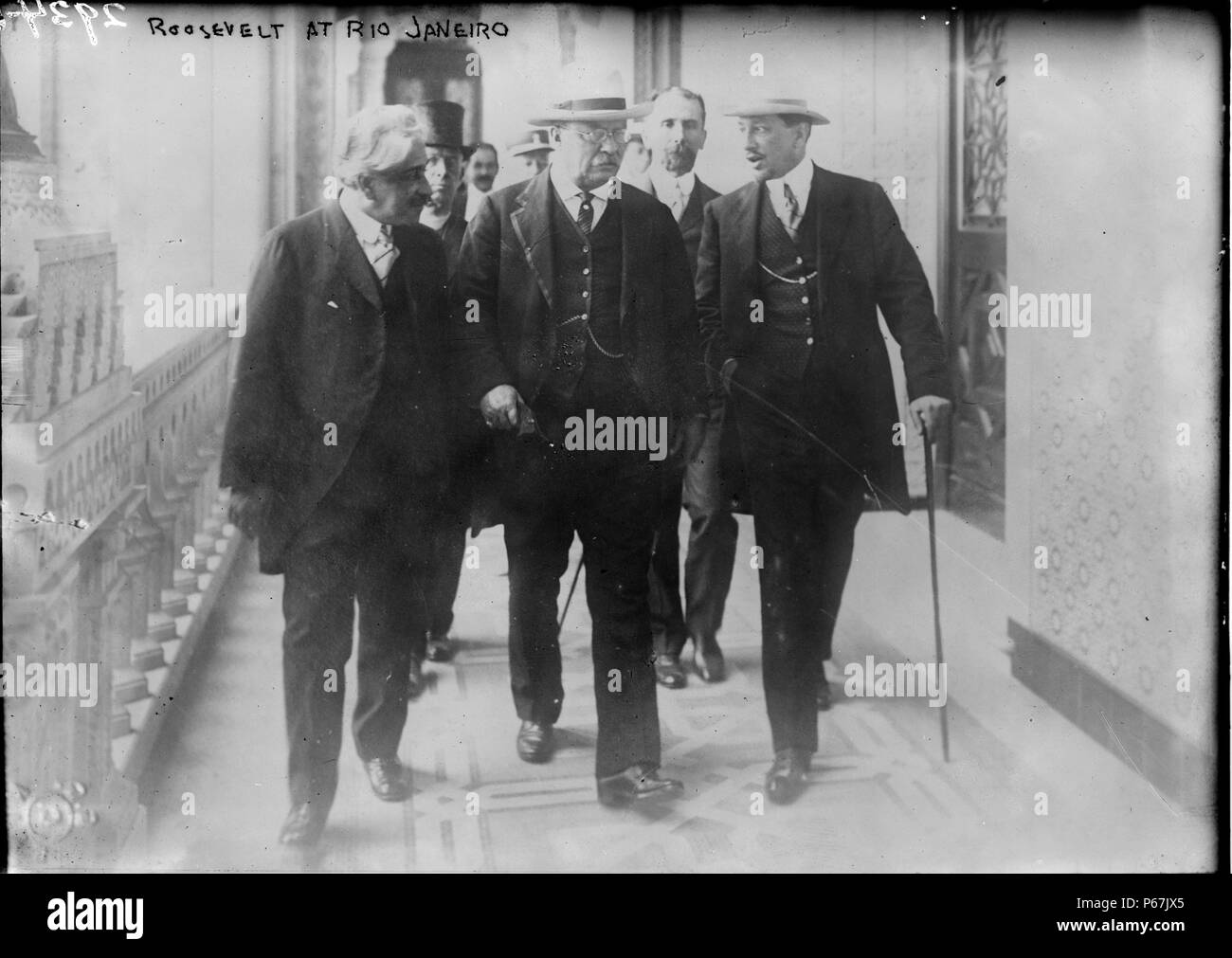 President Theodore Roosevelt in Rio de Janeiro, Brazil - with Dr. Lauro Severiano Müller (1863-1926), Foreign Minister of Brazil and military engineer on his right - before the Roosevelt-Rondon Scientific Expedition to the Amazon River which began in 1913. Stock Photo