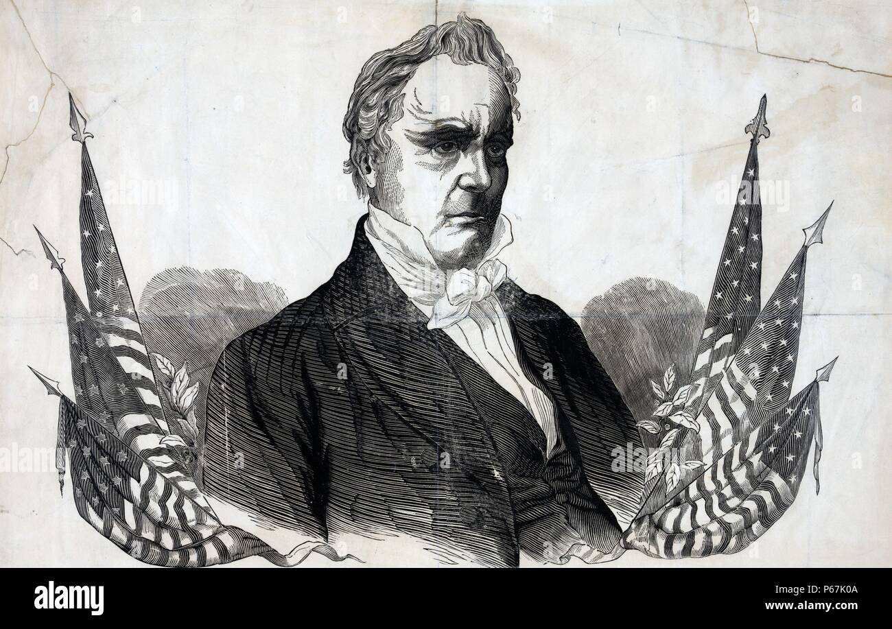 Campaign poster or banner for Democratic presidential nominee James Buchanan. A bust-length portrait of Buchanan (apparently taken from Mathew Brady's 1854 daguerreotype portrait) is flanked by American flags and laurel branches. Stock Photo