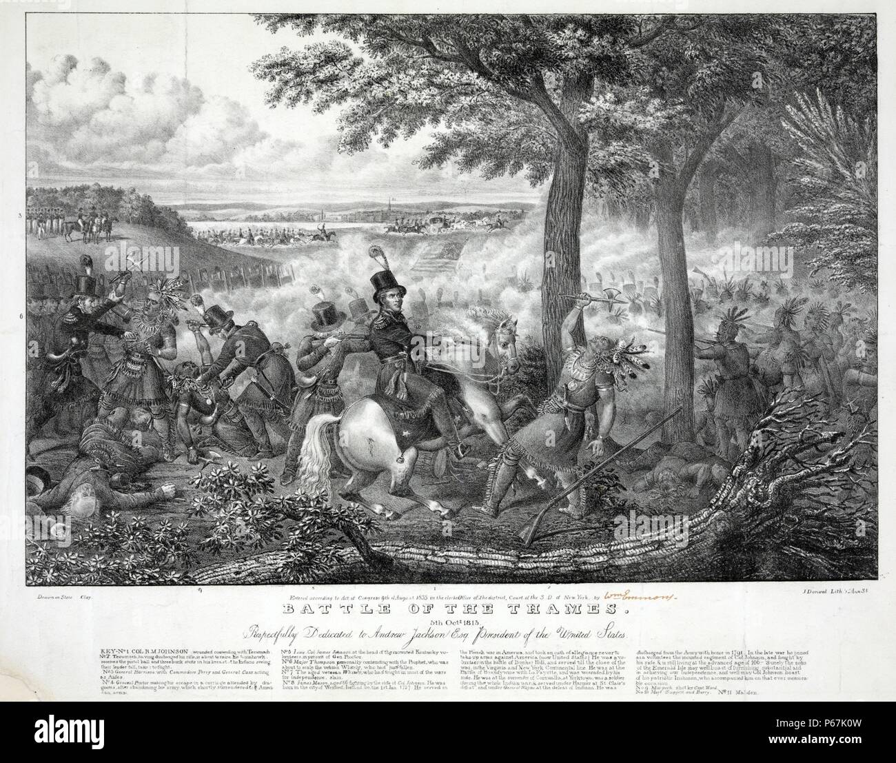 American forces fighting Tecumseh's Indian confederation. In the center Col. R. M. Johnson shoots Tecumseh who has raised his tomahawk. A legend at the bottom describes the men pictured and describes of their role in the battle. Stock Photo