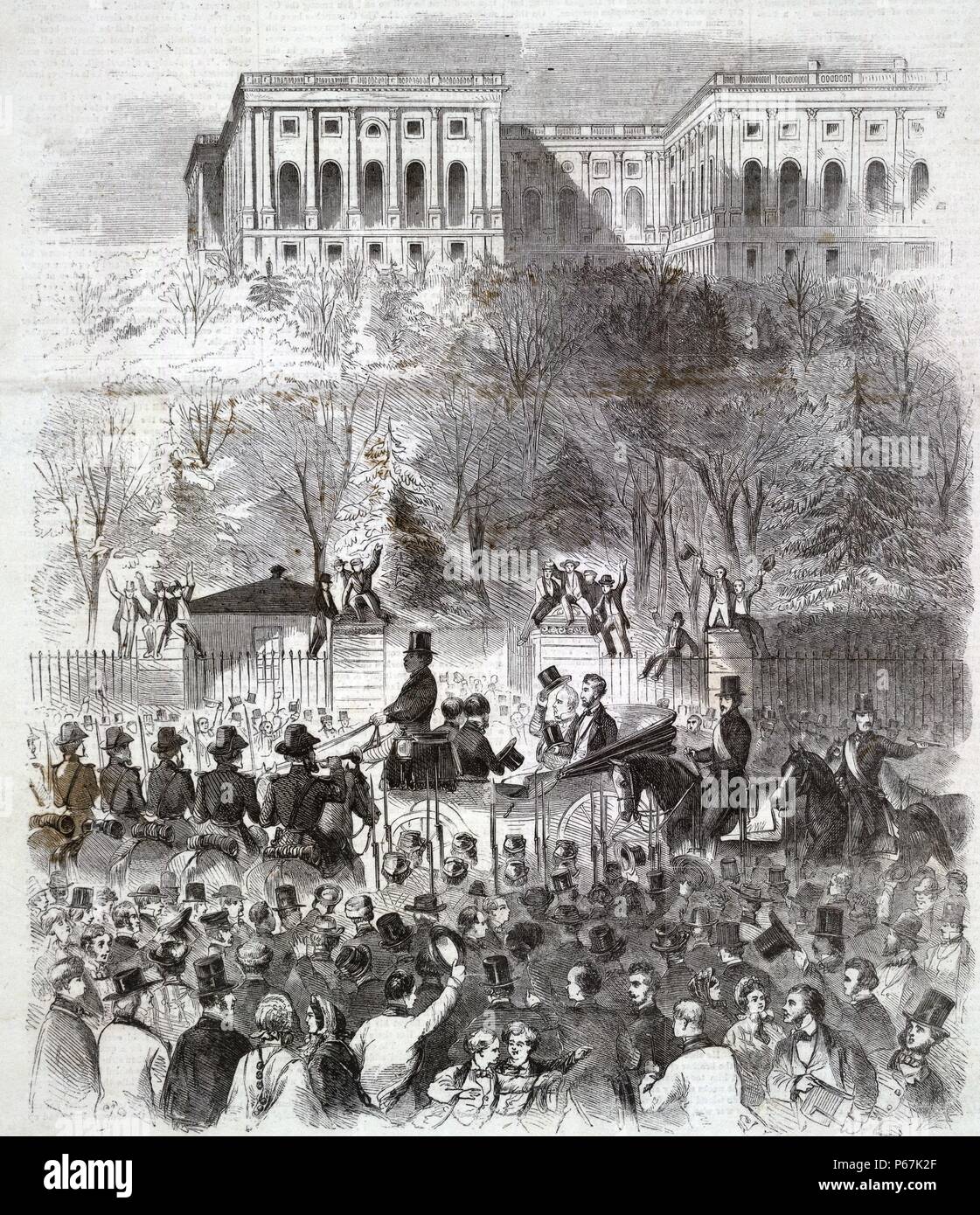 The inaugural procession at Washington passing the gate of the Capitol grounds' President-elect Lincoln and President Buchanan (tipping his top hat) amidst cheering crowd before west gate at base of Capitol grounds, on their way to the Capitol for Lincoln's first inauguration. Stock Photo