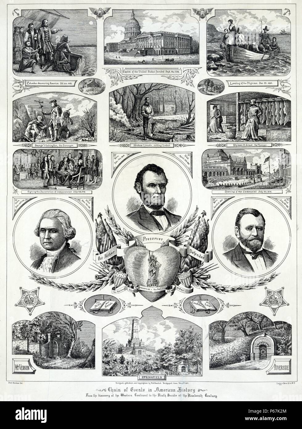 Chain of events in American history - from the discovery of the western continent to the ninth decade of the nineteenth century' Scenes of American history from the landing of Columbus to the 1876 Centennial with portraits of presidents Washington, Lincoln, and Grant, along with their tombs. Stock Photo