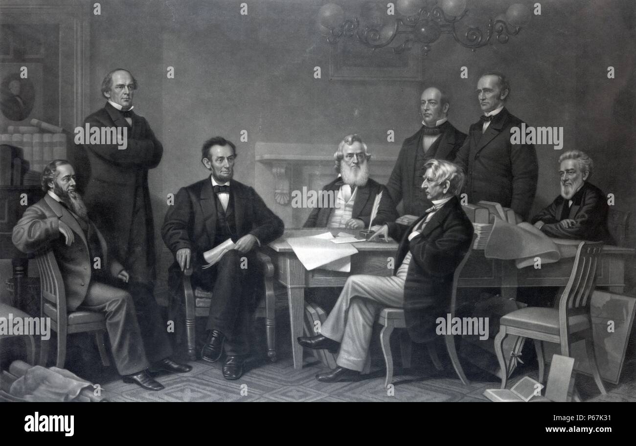 The first reading of the Emancipation Proclamation before the cabinet' Re-enactment of Abraham Lincoln signing the Emancipation Proclamation on July 22, 1862. Depicted, from left to right are: Edwin M. Stanton, Secretary of War, Salmon P. Chase, Secretary of the Treasury, President Lincoln, Gideon Welles, Secretary of the Navy, Caleb B. Smith, Secretary of the Interior, William H. Seward, Secretary of State, Montgomery Blair, Postmaster General, and Edward Bates, Attorney General. Stock Photo