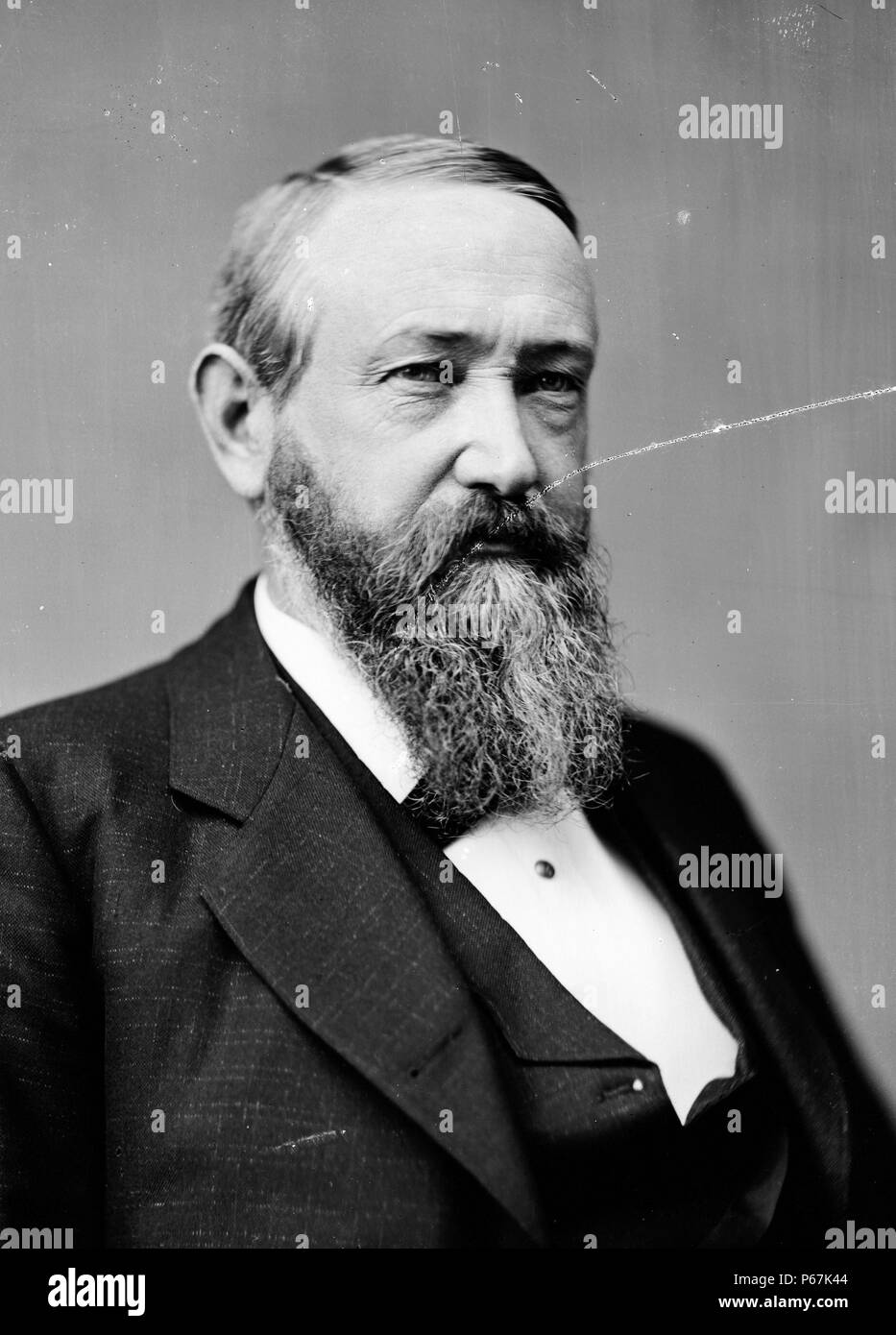 President Benjamin Harrison. Harrison was the 23rd President of the United States. He became a prominent local attorney, Presbyterian church leader and politician in Indiana before his election. Stock Photo