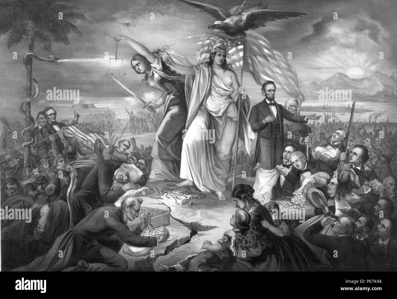 The outbreak of the rebellion in the United States, 1861' A grand allegory of the Civil War in America, harshly critical of the Buchanan administration, Jefferson Davis, and the Confederacy. In the center stands Liberty, wearing a Phrygian cap and a laurel wreath. She is flanked by the figures of Justice (unblindfolded, holding a sword and scales) and Abraham Lincoln. Stock Photo