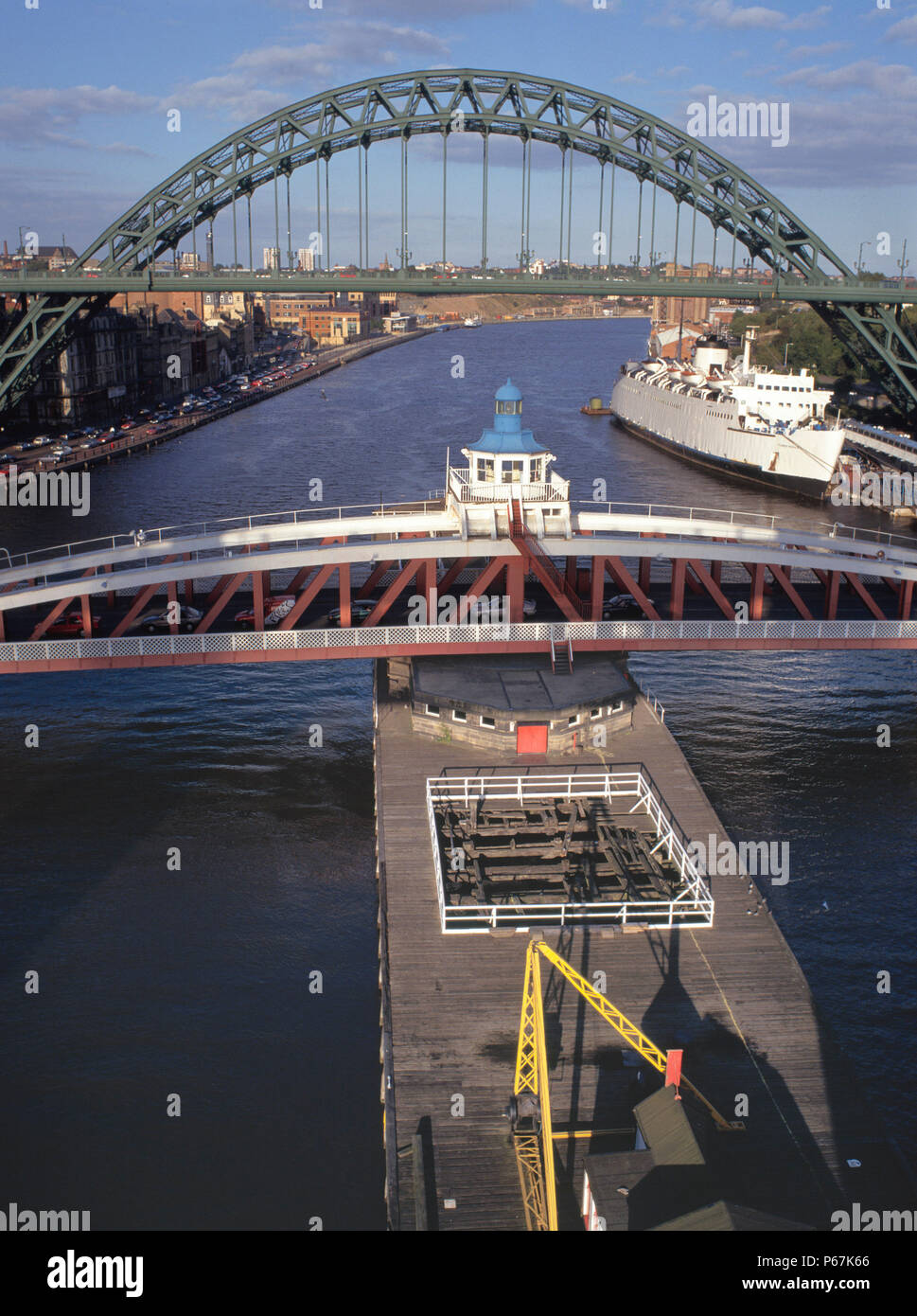 View of Swing Bridge and Tyne Bridge from High Level bridge, Newcastle upon Tyne and Gateshead, United Kingdom. Stock Photo