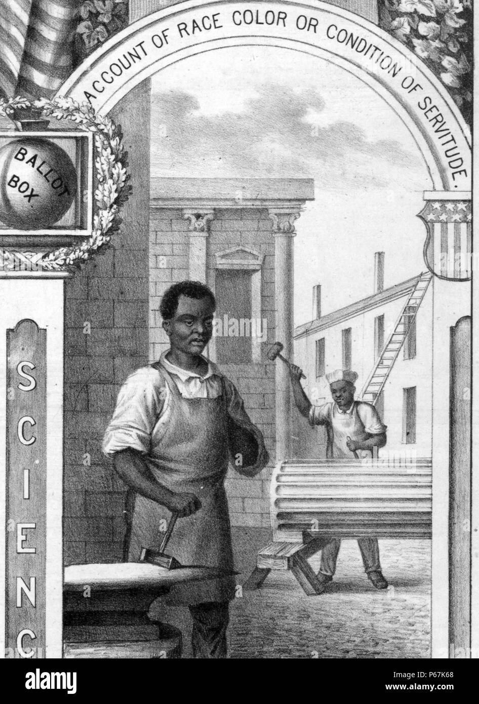 two black men at work. One, a stonemason, carves a large column. The other, a smith, stands at his anvil detail from: ' Print commemorating the celebration in Baltimore of the enactment of the Fifteenth Amendment Stock Photo