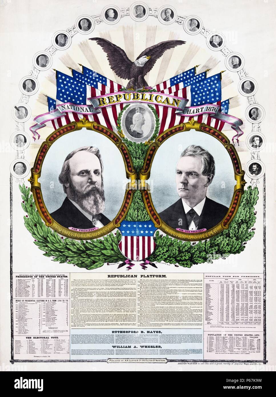 National Republican chart 1876' Print shows Rutherford B. Hayes, facing right, and William A. Wheeler, facing left, bust portraits, with cameo portraits of U.S. presidents from George Washington to Ulysses S. Grant; includes text of the Republican platform, brief biographies of Hayes and Wheeler, and statistical data for past presidential elections. Stock Photo