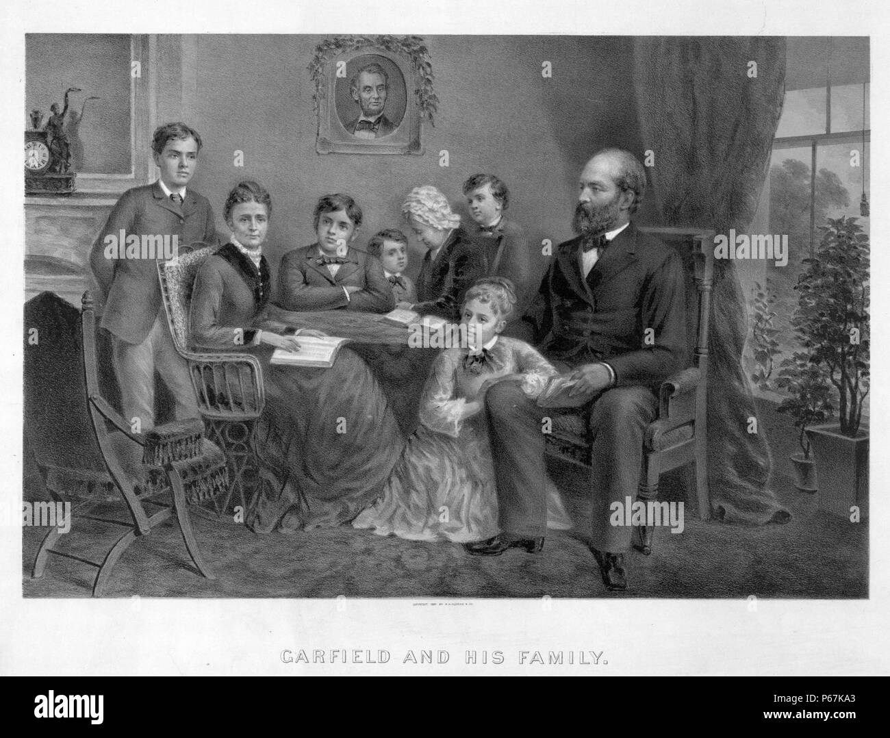 President James Garfield with his family. Garfield was the 20th President of the United States.  During his time in office, he reintroduced Presidential authority over Senatorial authority when it came to executive appointments. Stock Photo