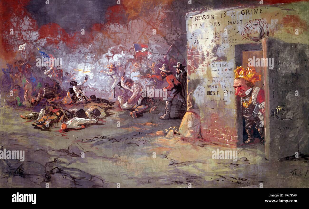 The massacre at New Orleans' Cartoon shows President Andrew Johnson 'as a king, crowned and in velvet and ermine. His alleged royalist ambition had been the theme of much Radical rhetoric.' Nast is attacking Johnson because he and others blamed Johnson for causing the July 1866 race riot that occurred in New Orleans when police shot and killed many African American delegates at a Radical Republicans convention. Stock Photo