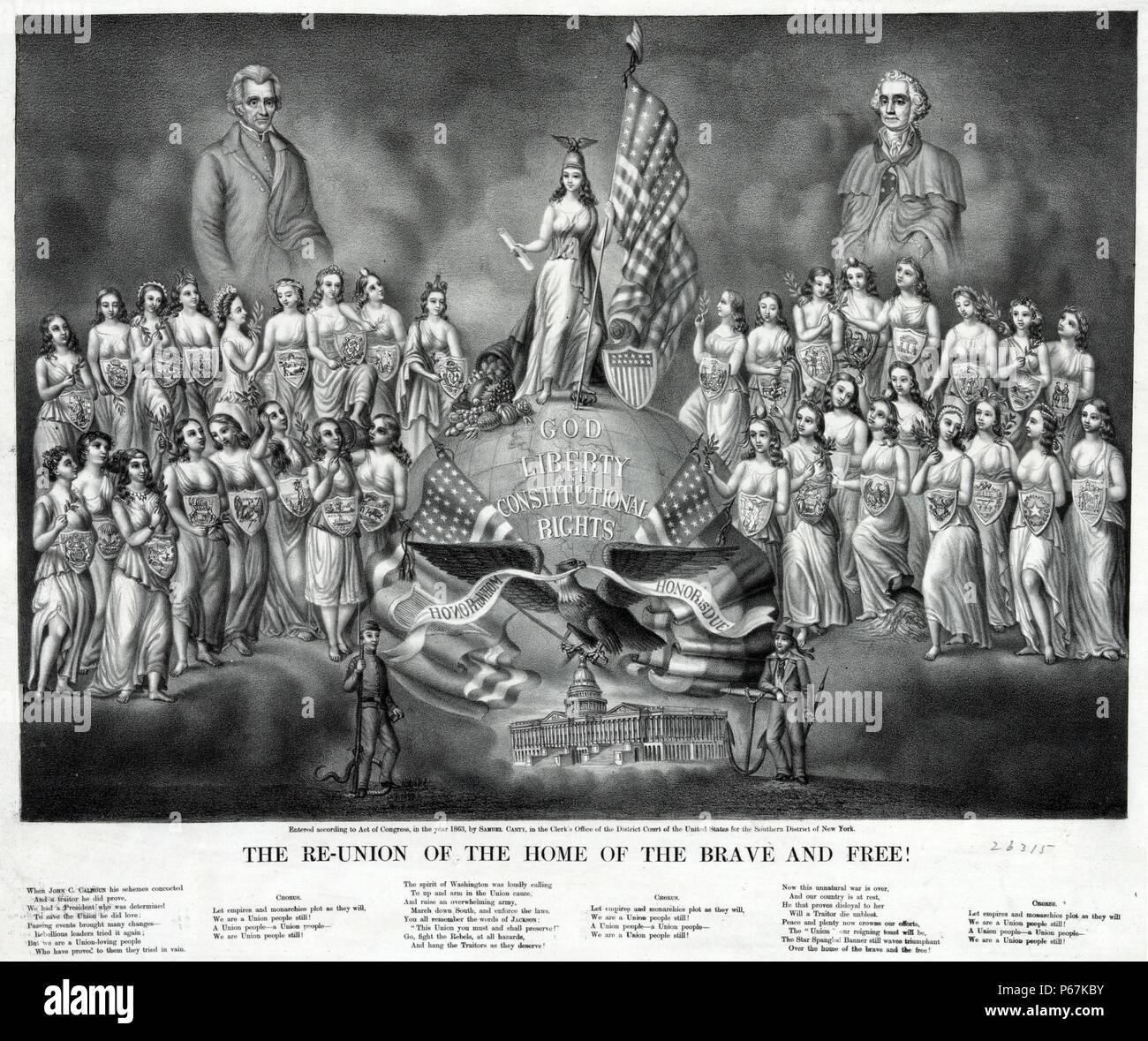 The re-union of the home of the brave and free!' A somewhat premature allegory of reconciliation between the North and South, extolling former Presidents Andrew Jackson and George Washington as defenders of the Union. Jackson (left) and Washington appear in the background, above two rows of maidens holding the arms of all thirty-four states and olive branches. Stock Photo