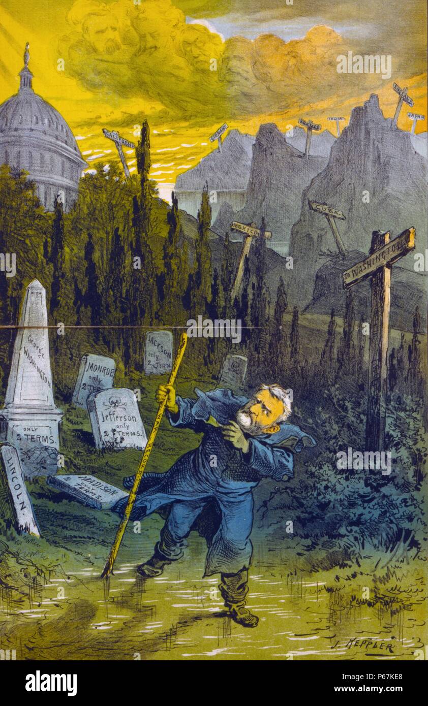 The modern wandering Jew' Ulysses S. Grant with walking stick, 'war record', wandering through cemetery of two term presidents, including George Washington, Monroe, Jackson, Lincoln, Madison, and Jefferson, with dome of the U.S. Capitol in background. Stock Photo