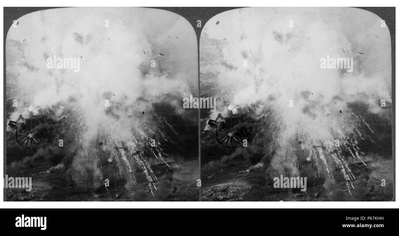 Stereoscopic photograph showing an ammunition wagon exploding during the Battle of Paardeberg, Boer War 1900 Stock Photo