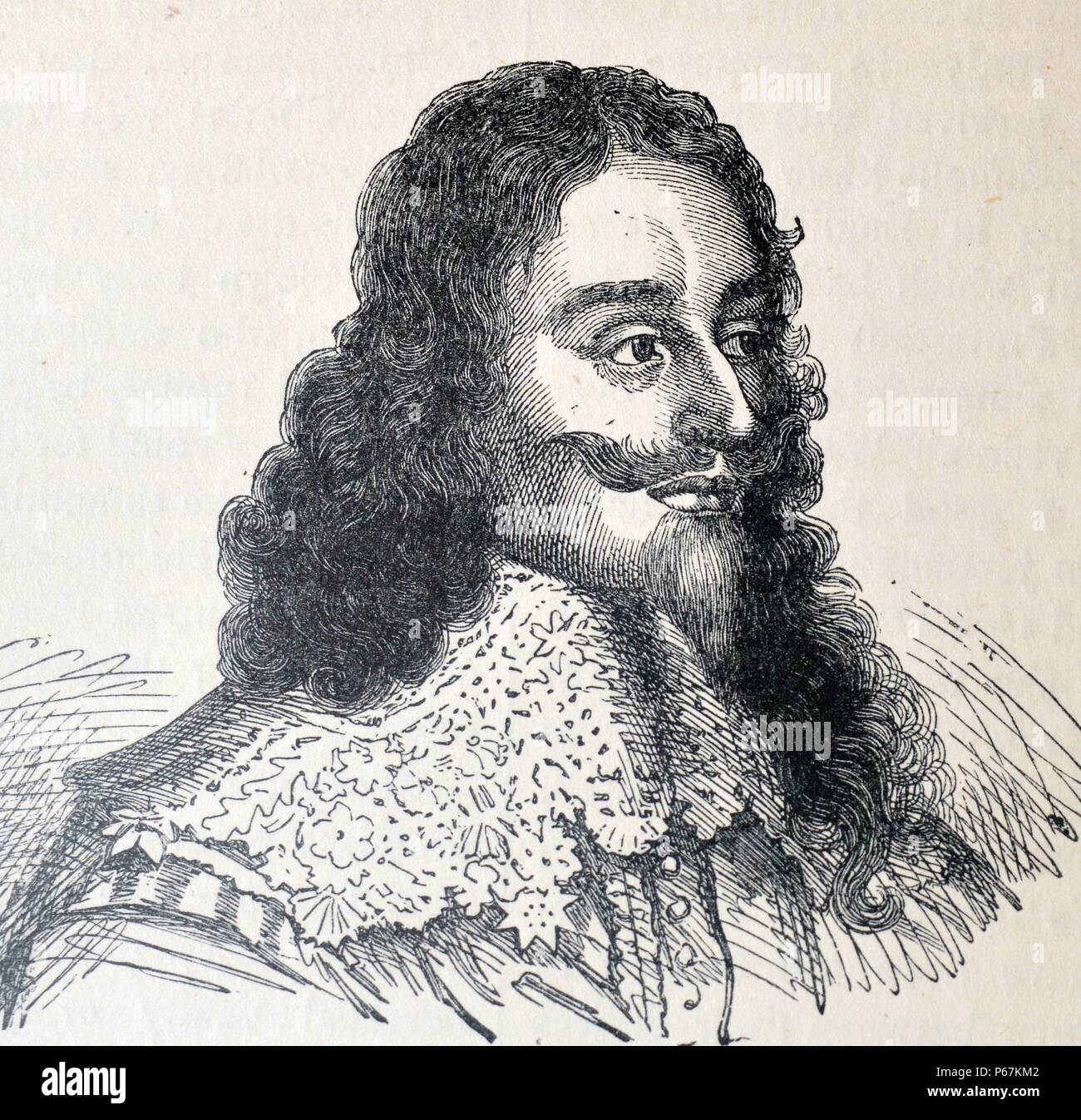 Engraving of Charles I of England (1600-1649) monarch of the three kingdoms of England, Scotland, and Ireland from 27 March 1625 until his execution in 1649. Dated 17th Century Stock Photo