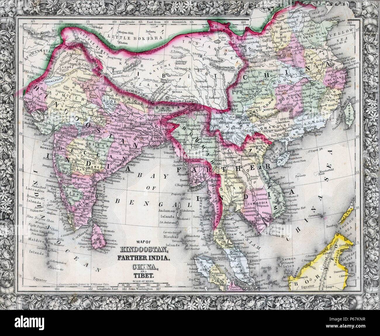 19th Century Map of India, Tibet, China and Southeast Asia. Dated 1864