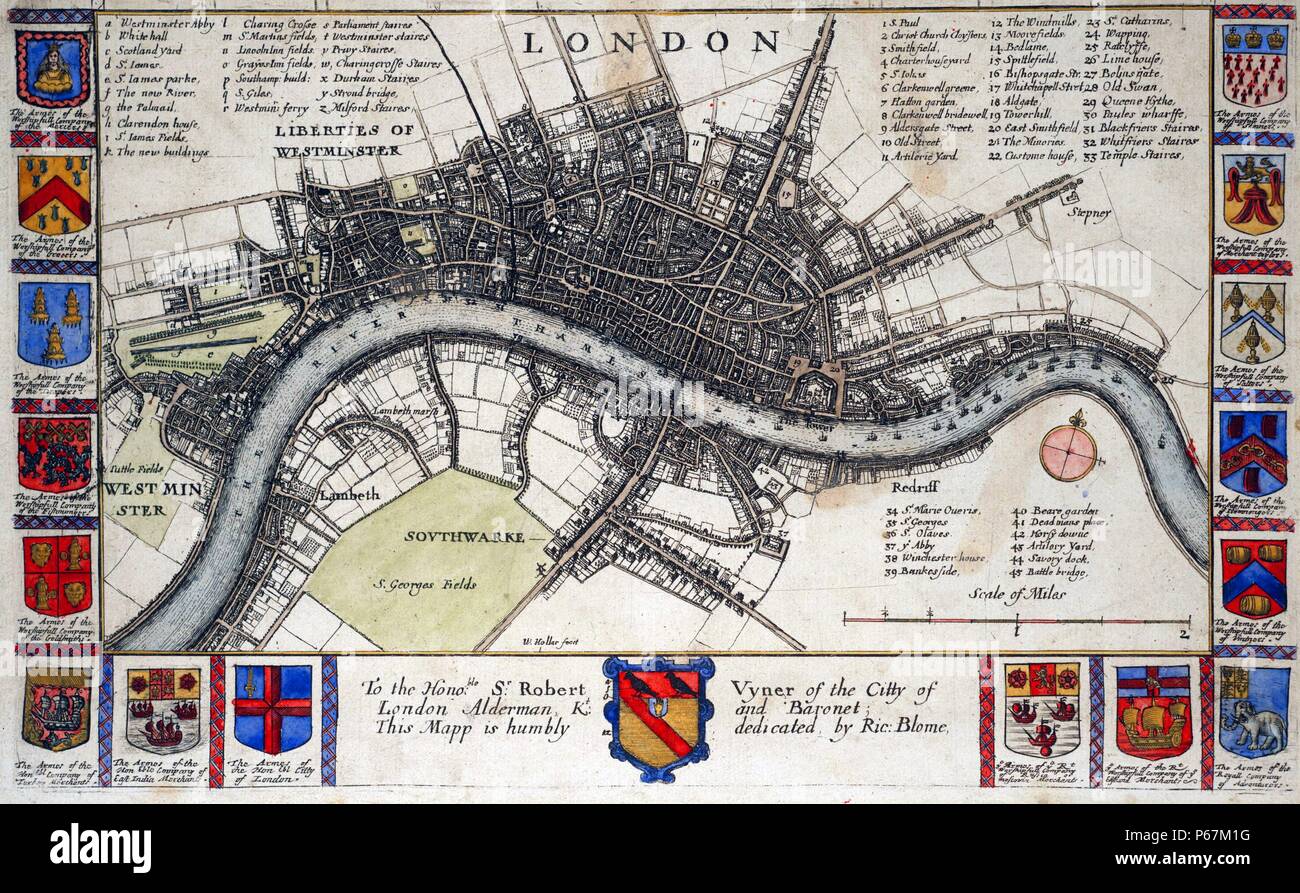 Plan of London before the great fire of London. Created by Wenceslaus Hollar (1607-1677)  Bohemian etcher, known in England as Wenceslaus or Wenceslas and in Germany as Wenzel Hollar. Dated 17th Century Stock Photo