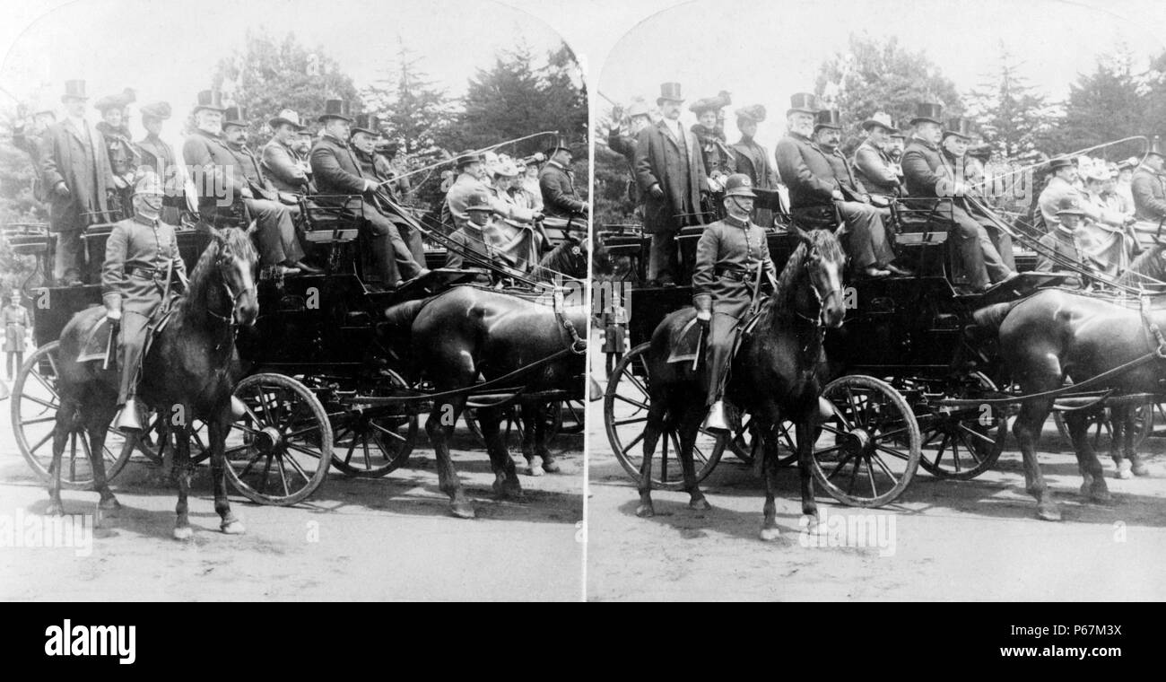 President McKinley (1843-1901) and others in a horse-drawn carriage. The presidential Tally Ho party - President McKinley to Golden Gate Park, San Francisco, California. McKinley was the 25th President of the United States and led the nation to victory in the Spanish–American War, raised protective tariffs to promote American industry, and maintained the nation on the gold standard in a rejection of inflationary proposals. Stock Photo