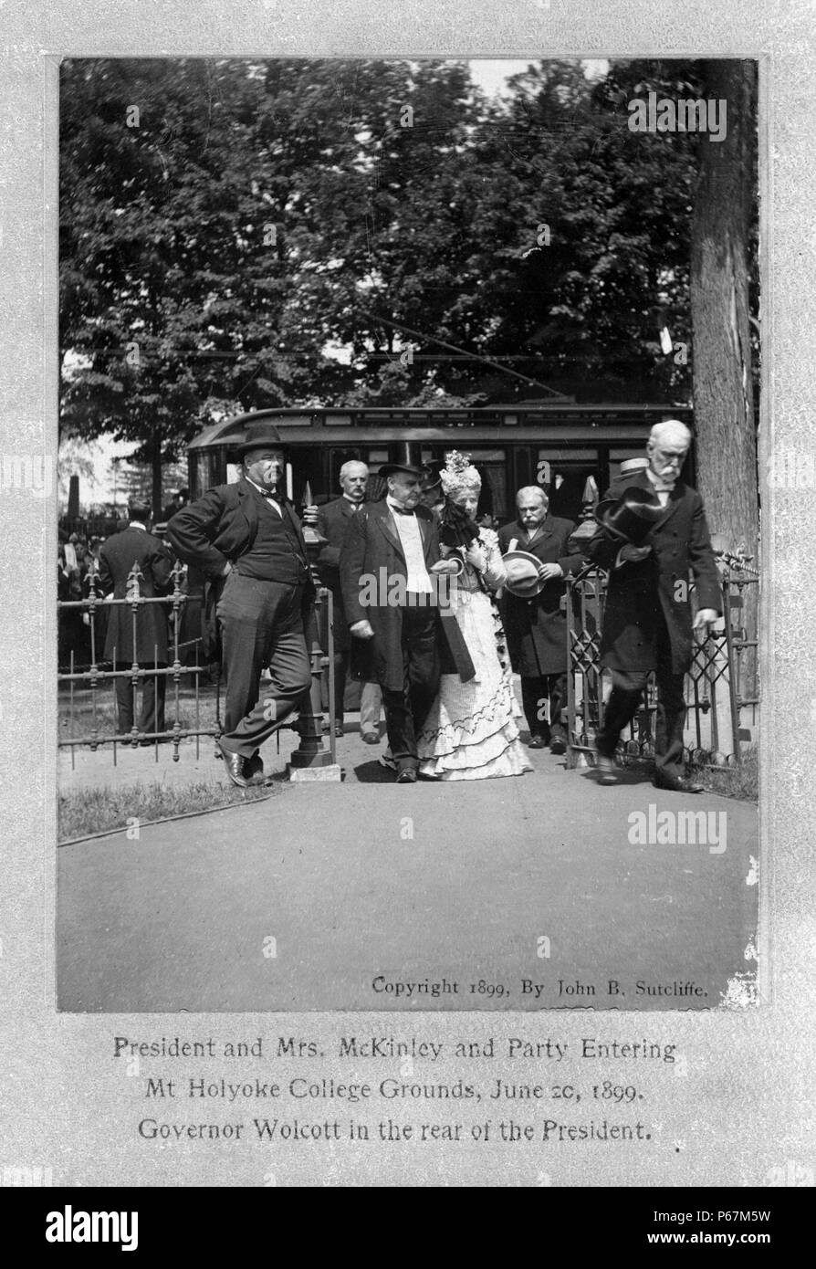 President and Mrs. McKinley and party entering Mt. Holyoke College grounds, June 20, 1899; Governor Wolcott in the rear of the President. McKinley (1843-1901)was the 25th President of the United States and led the nation to victory in the Spanish–American War, raised protective tariffs to promote American industry, and maintained the nation on the gold standard in a rejection of inflationary proposals. Stock Photo