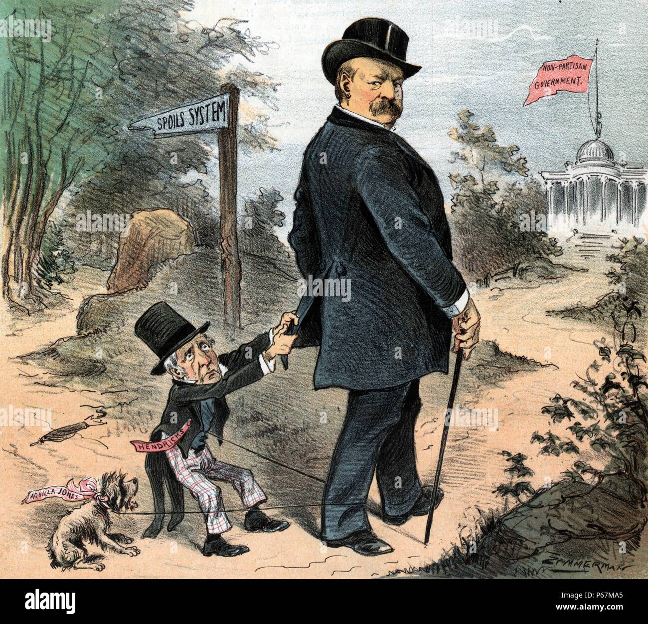 A petty annoyance' Illustration shows President Cleveland (1837-1908) walking down a path toward a building flying a banner labelled 'Non-Partisan Government'; a diminutive Thomas A. Hendricks, Vice President, is tugging on Cleveland's coattails, trying to steer him down a path labelled 'Spoils System'. There is a small dog labelled 'Aquilla Jones' on a leash that goes around Cleveland's right leg and is connected to Hendricks. Jones was appointed Postmaster in Indianapolis by Hendricks. Stock Photo