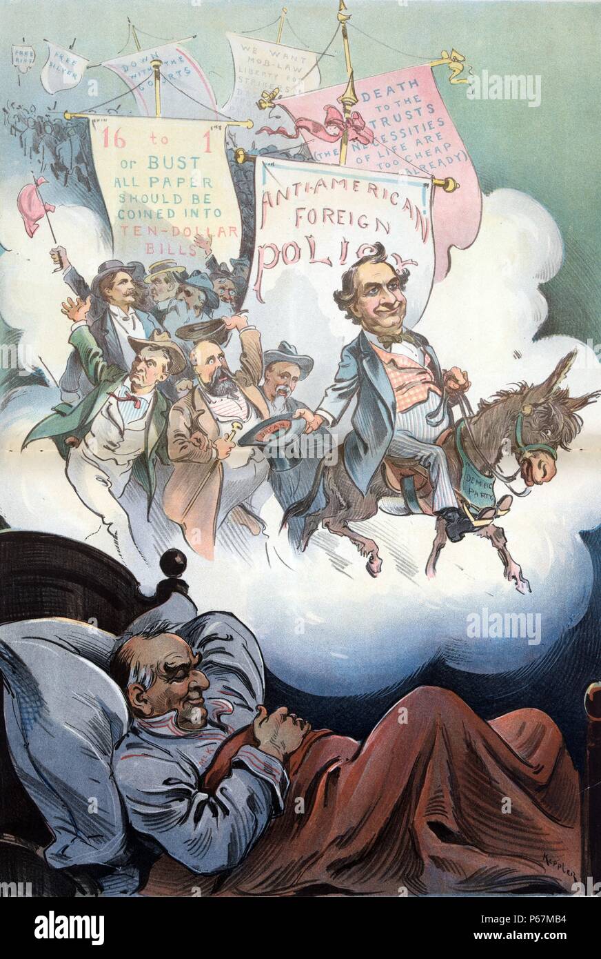 Sweet dreams' Print shows President William McKinley asleep in bed dreaming of William Jennings Bryan riding the Democratic donkey and leading members of the Democratic Party down the path of 'Anti-American Foreign Policy', '16 to 1 or Bust. All paper should be coined into Ten-Dollar Bills', 'Death to Trusts. (The necessities of life are too cheap already)', 'Down with the Courts', and 'Free Silver'. Stock Photo