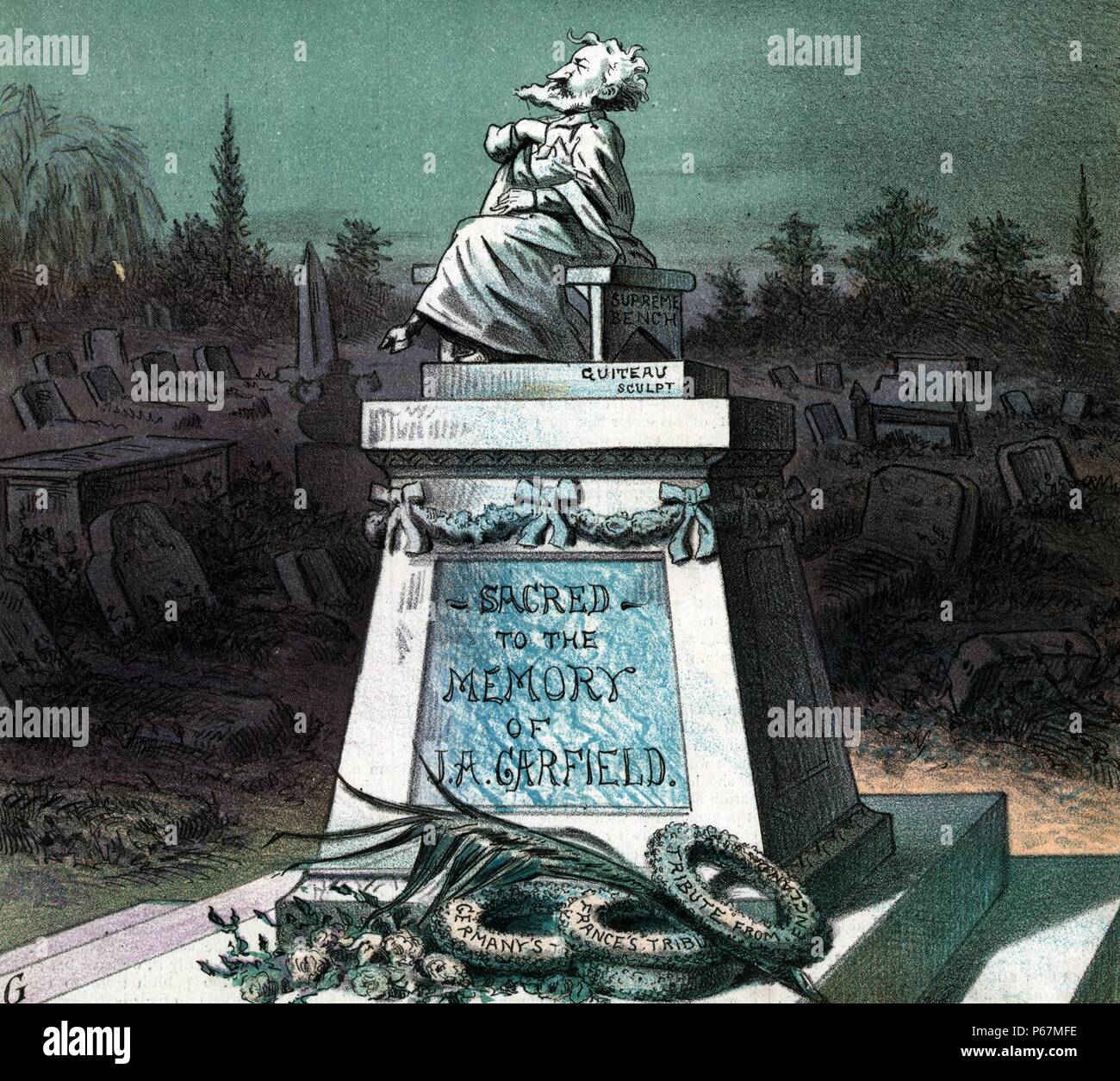 The living president's tribute to the dead president' Statue of Roscoe Conkling, with cloven hooves, seated on a bench labelled 'Supreme Bench' atop a monumental tomb labelled 'Sacred to the Memory of J.A. Garfield'; the monument is signed 'Guiteau sculpt.' Stock Photo
