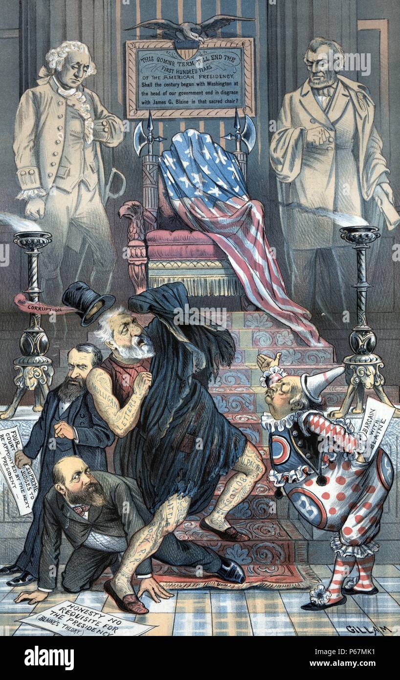 The honour of the country in danger' The spirits of George Washington and Abraham Lincoln looking at a throne draped with an American flag beneath a sign that states 'This coming term will end the first hundred years of the American presidency. Shall the century begun with Washington at the head of government end in disgrace with James G. Blaine in that sacred chair?' Below is Blaine, tattooed with scandals and frightened by the shades of past presidents, his hat labelled 'Corruption' falling off, with his foot on the first step toward the presidency. Stock Photo