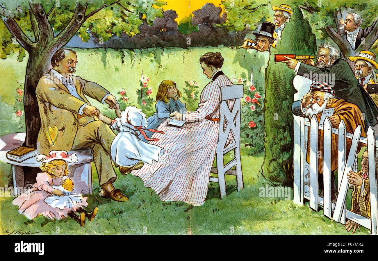 He keeps them worried' Former president Grover Cleveland and his wife Frances playing with their children, Ruth, Esther, and Marion, in the backyard of their residence, and several men labelled 'Morgan, Daniel, Pugh, Faulkner, Vest, Dana, [and] Gorman' spying on them from behind a fence, bushes, and over a hedge. Stock Photo