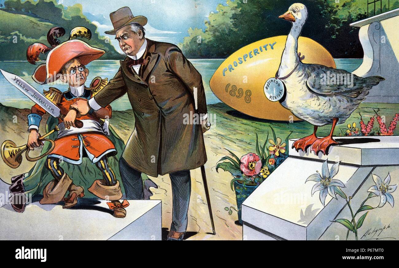 An Easter sermon' President William McKinley stopping the hand of a man wearing buccaneer clothing and holding a large sword labelled 'Yellow Journalism' and a trumpet labelled 'War'; on the right is a goose wearing a medal labelled 'Business Revival' and a large golden egg labelled 'Prosperity 1898'. Stock Photo