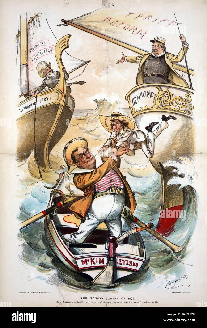 The bounty jumper of 1894' Benjamin Harrison standing on the deck of a ship labelled 'Republican Party', under sails labelled 'Prohibitory Protection'; he is holding a rope that leads to a rowboat labelled 'McKinleyism' with William McKinley standing in it, holding up a diminutive man labelled 'Ex-Subdizied Sugar Planter'. To the right of the rowboat, President Cleveland is standing on the deck of a ship labelled 'Democracy', under sails labelled 'Tariff Reform'. Stock Photo