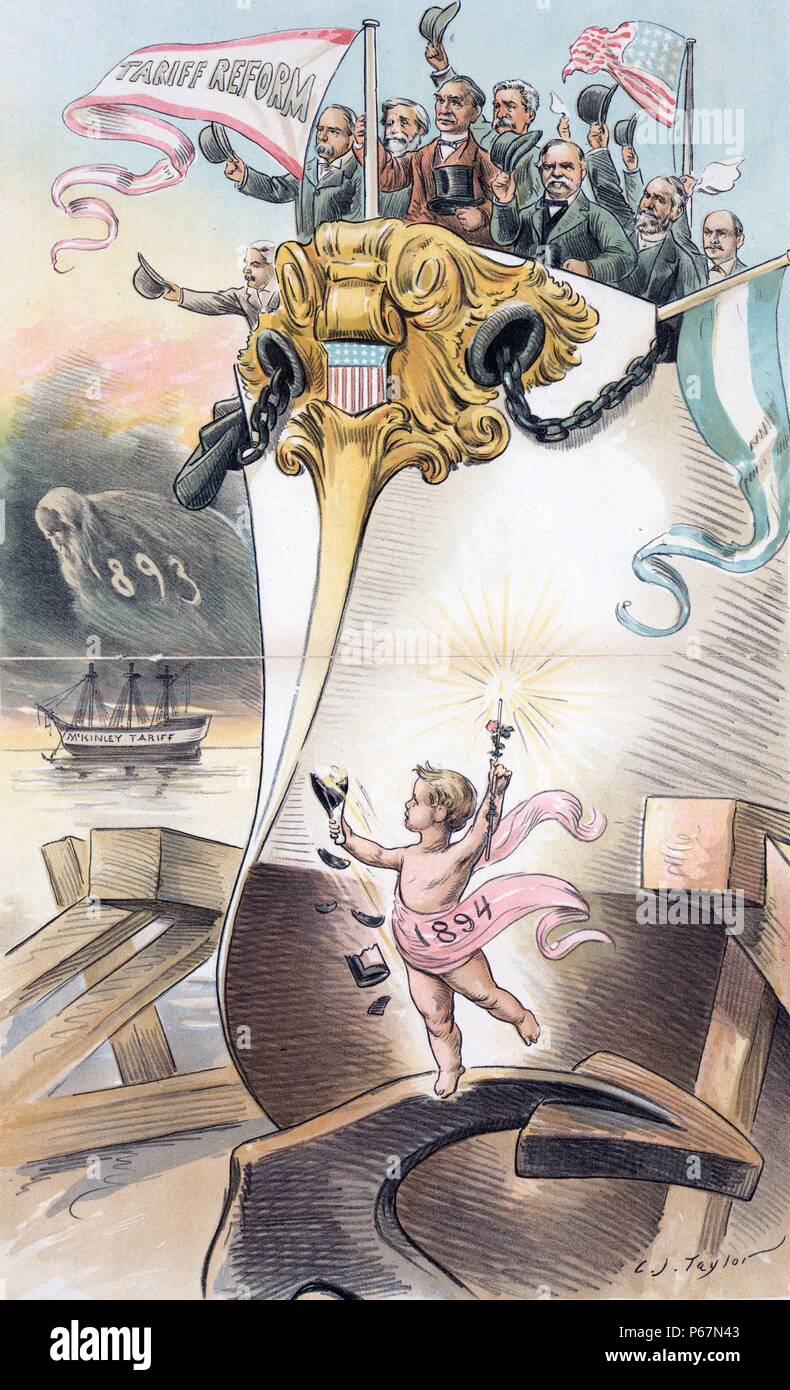 Launched at last! - good luck to her!' Cherub labelled '1894' smashing a bottle of champagne as he launches a large, modern ship, the Ship of State, under the banner 'Tariff Reform' with Grover Cleveland and members of his cabinet standing on the bow waving their hats; in the background, the spector of '1893' hovers over a sailing ship labelled 'McKinley Tariff'. Among those with Cleveland are Walter Q. Gresham, John G. Carlisle, Richard Olney, and either Daniel S. Lamont or Vice President Adlai E. Stevenson. Stock Photo