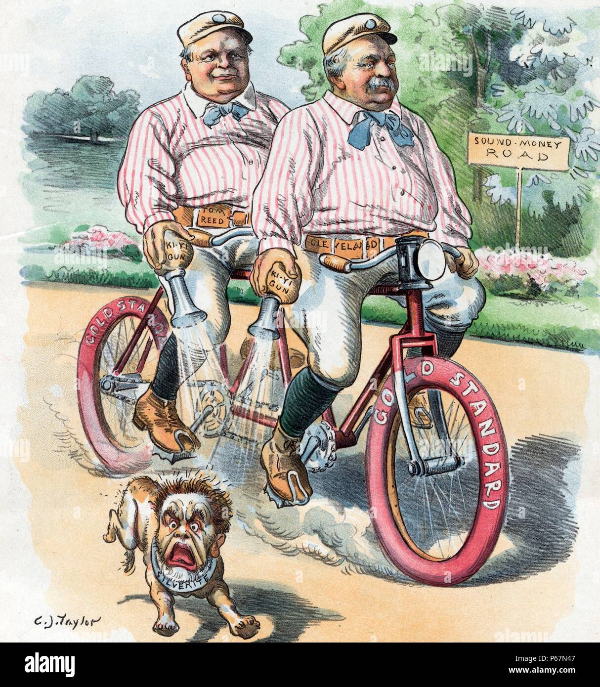 Politics makes strange wheel-fellows' Grover Cleveland and Thomas B. Reed riding down the 'Sound-Money Road' on a bicycle built for two, with tires labelled 'Gold Standard', and honking horns labelled 'Ki-Yi Gun' at a small dog labelled 'Silverite'. Stock Photo