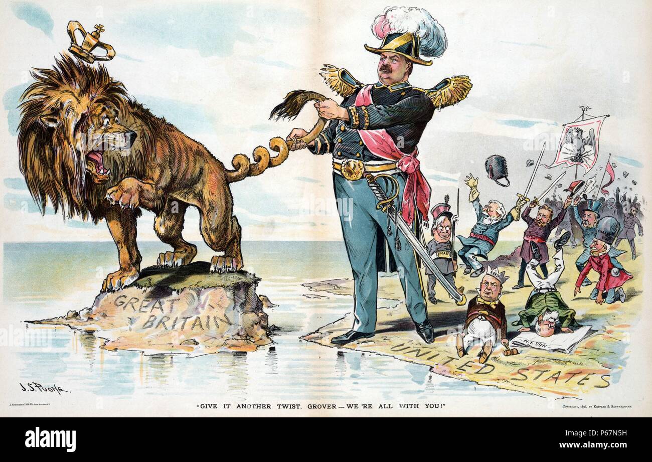 'Give it another twist, Grover - we're all with you!'' President Grover Cleveland, wearing military uniform, giving a twist to the British Lion's tail as it stands on a small island labelled 'Great Britain' just off the coast of the 'United States' where Cleveland and his backers are standing, among them are Thomas B. Reed, Charles A. Dana doing a headstand on the 'N.Y. Sun', George F. Hoar holding a rifle, William E. Chandler wearing a grenadier's bearskin hat and holding a sword, Henry C. Lodge with a sword, John T. Morgan, and Charles A. Boutelle also wearing a bearskin hat. Stock Photo
