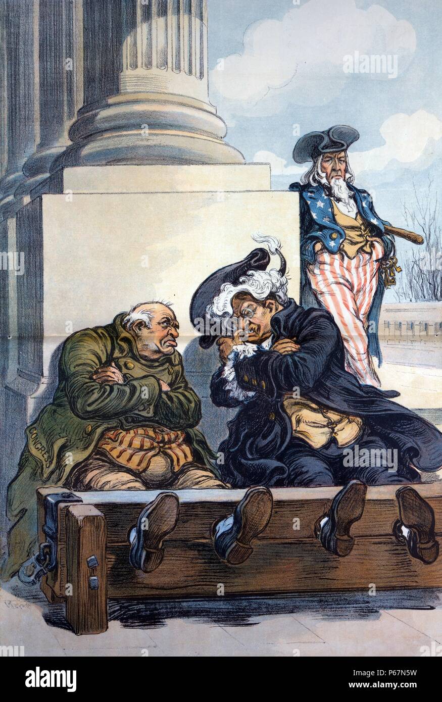 Ye scoldes' Theodore Roosevelt and another man labelled 'Congress' glaring at each other, with their feet locked in stocks; Uncle Sam, as the sheriff, is standing to the right, behind them, leaning against the base of a column. Stock Photo