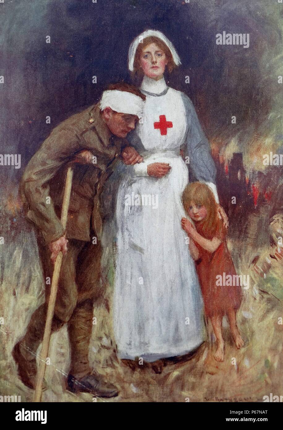 Illustration depicting an idealised image of nurse helping a wounded British soldier and a young child to safety, World War I, 1915. Stock Photo