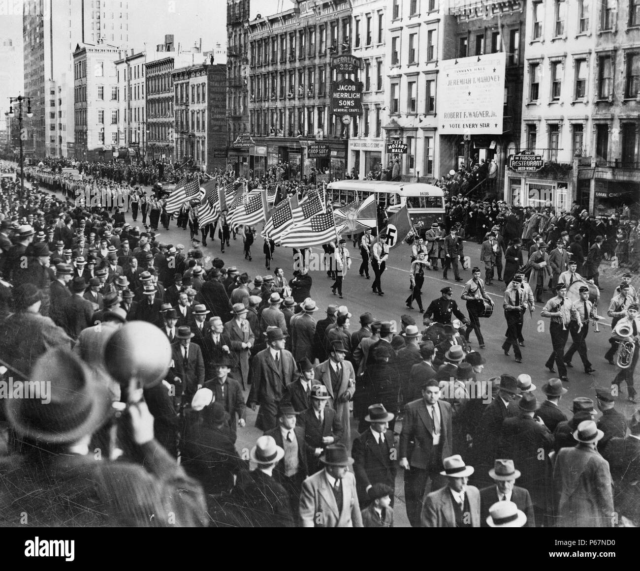 American Nazis parade on East 86th St, New York. Dated around 1939, During the Second World War. Stock Photo